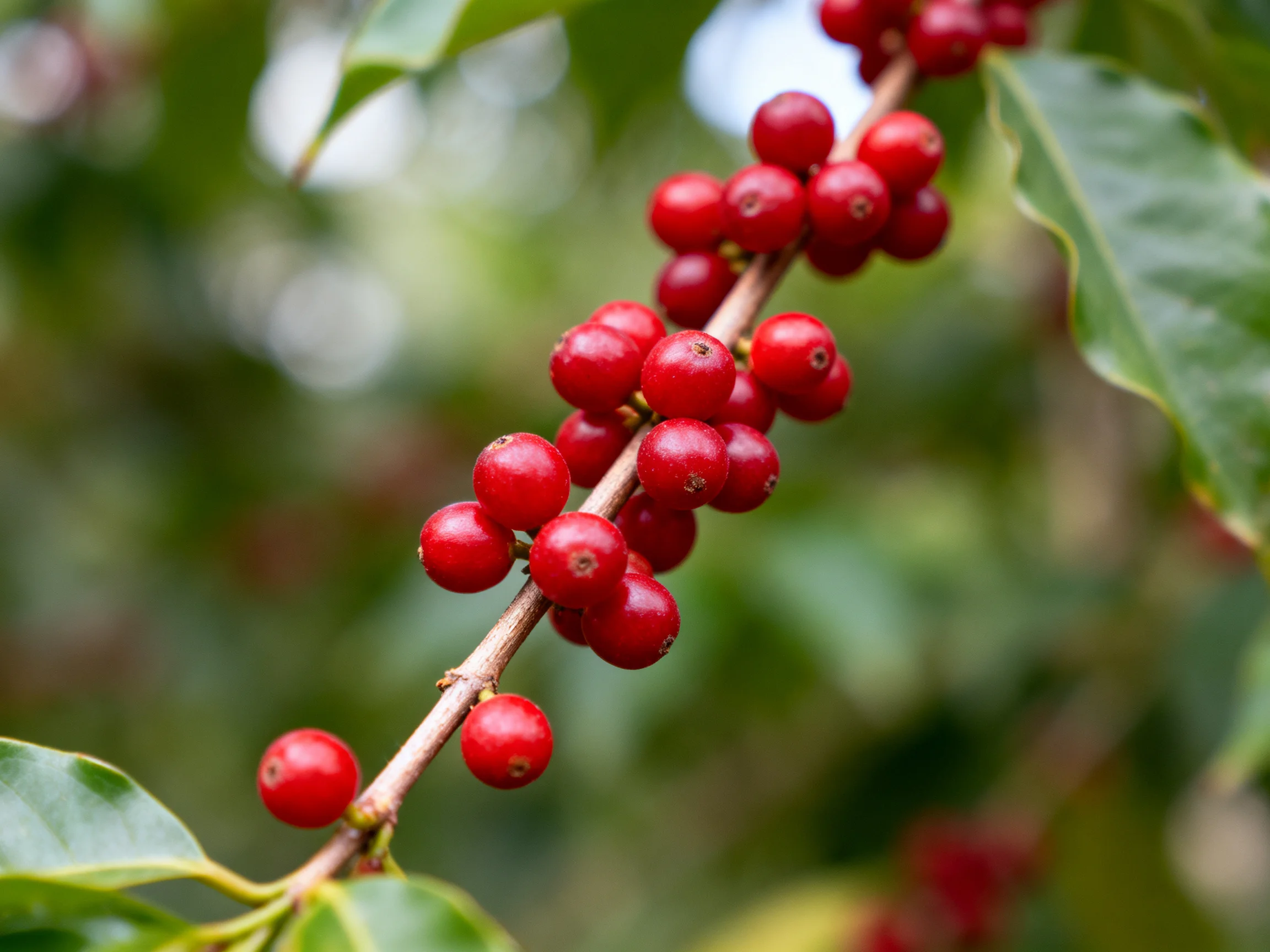 Vibrant red coffee cherries clustered along a slender branch