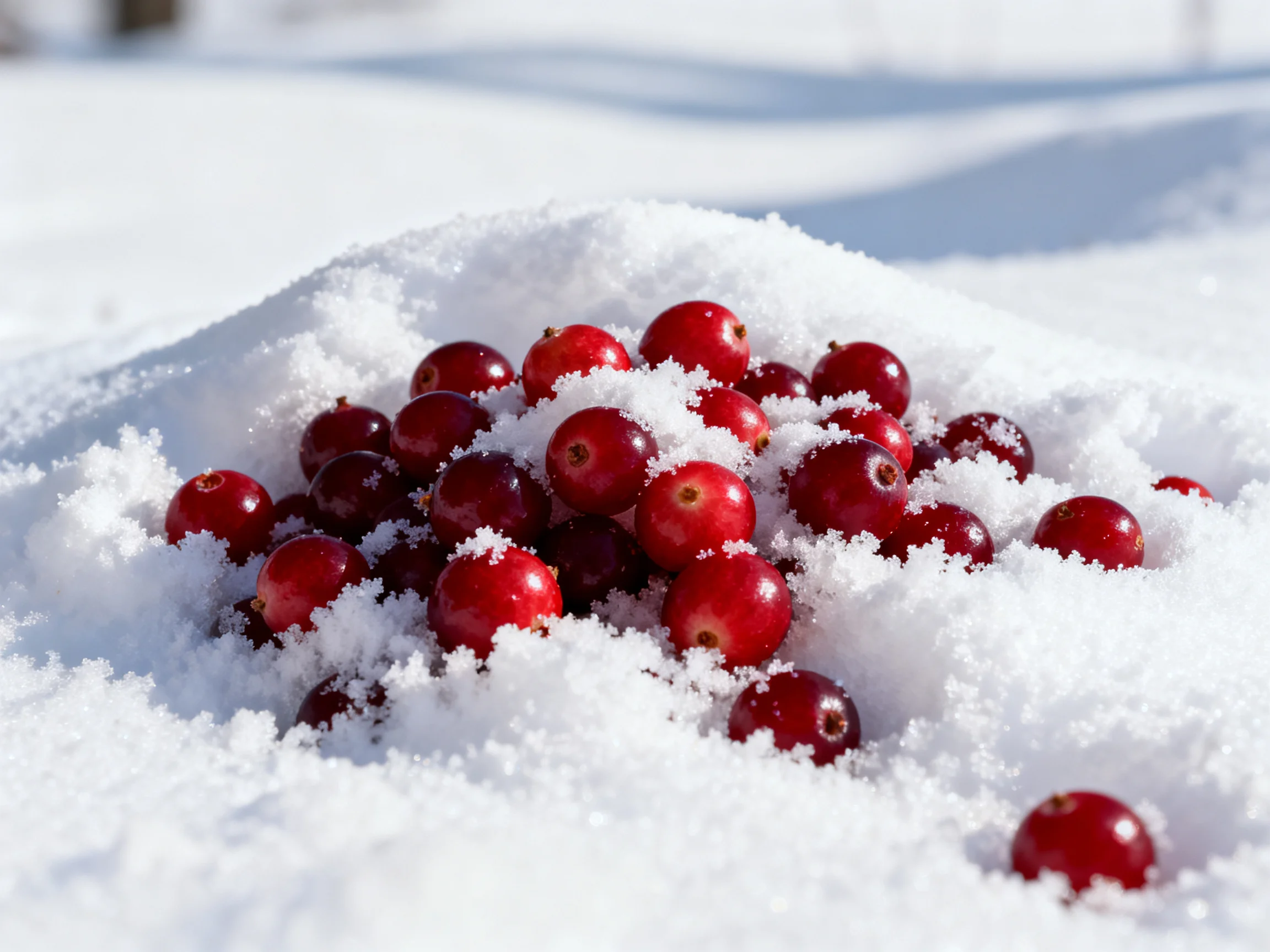 Vibrant red cranberries nestled in a snowy mound