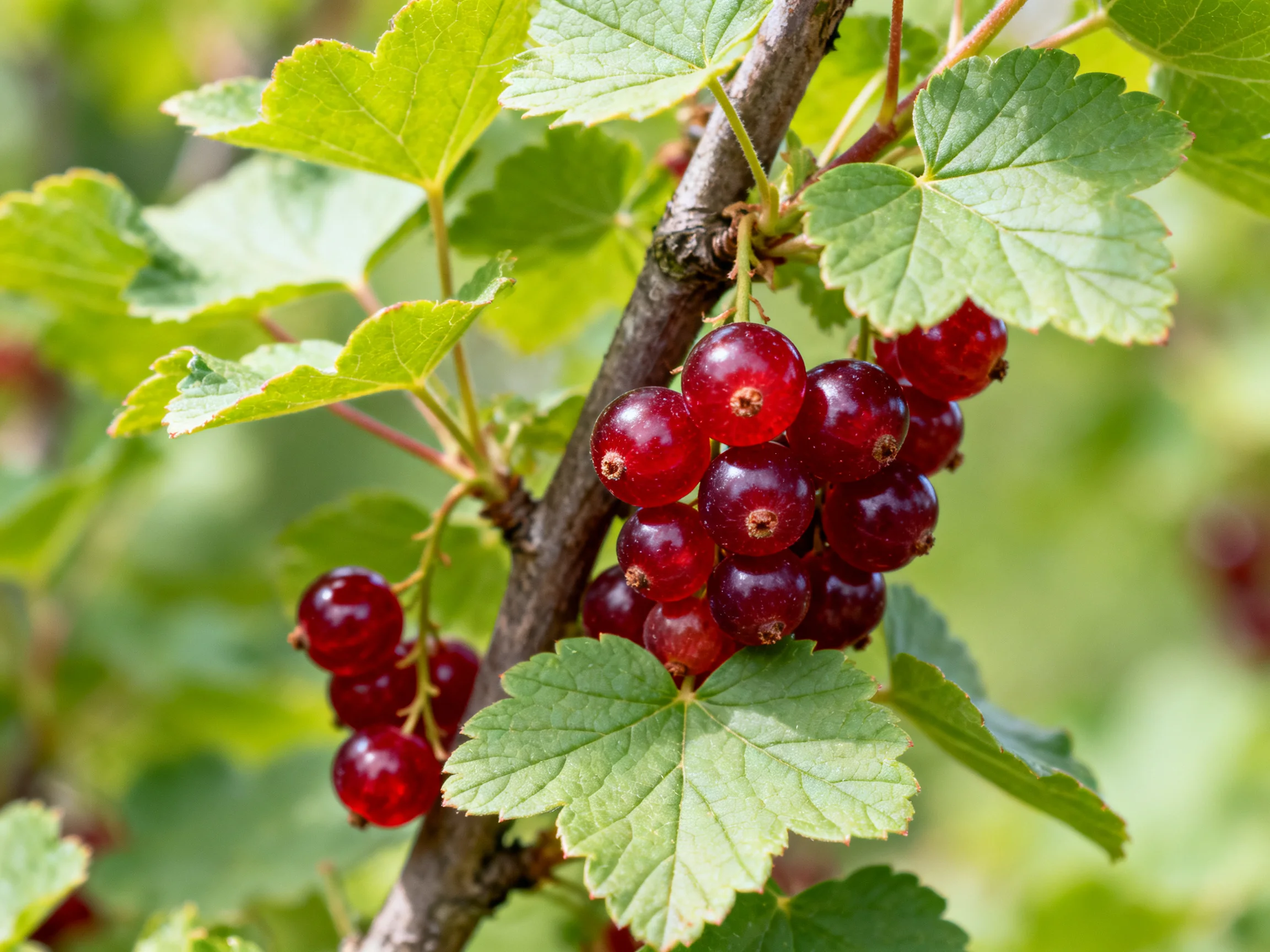 Vibrant red currant clusters grow on a leafy branch with green foliage