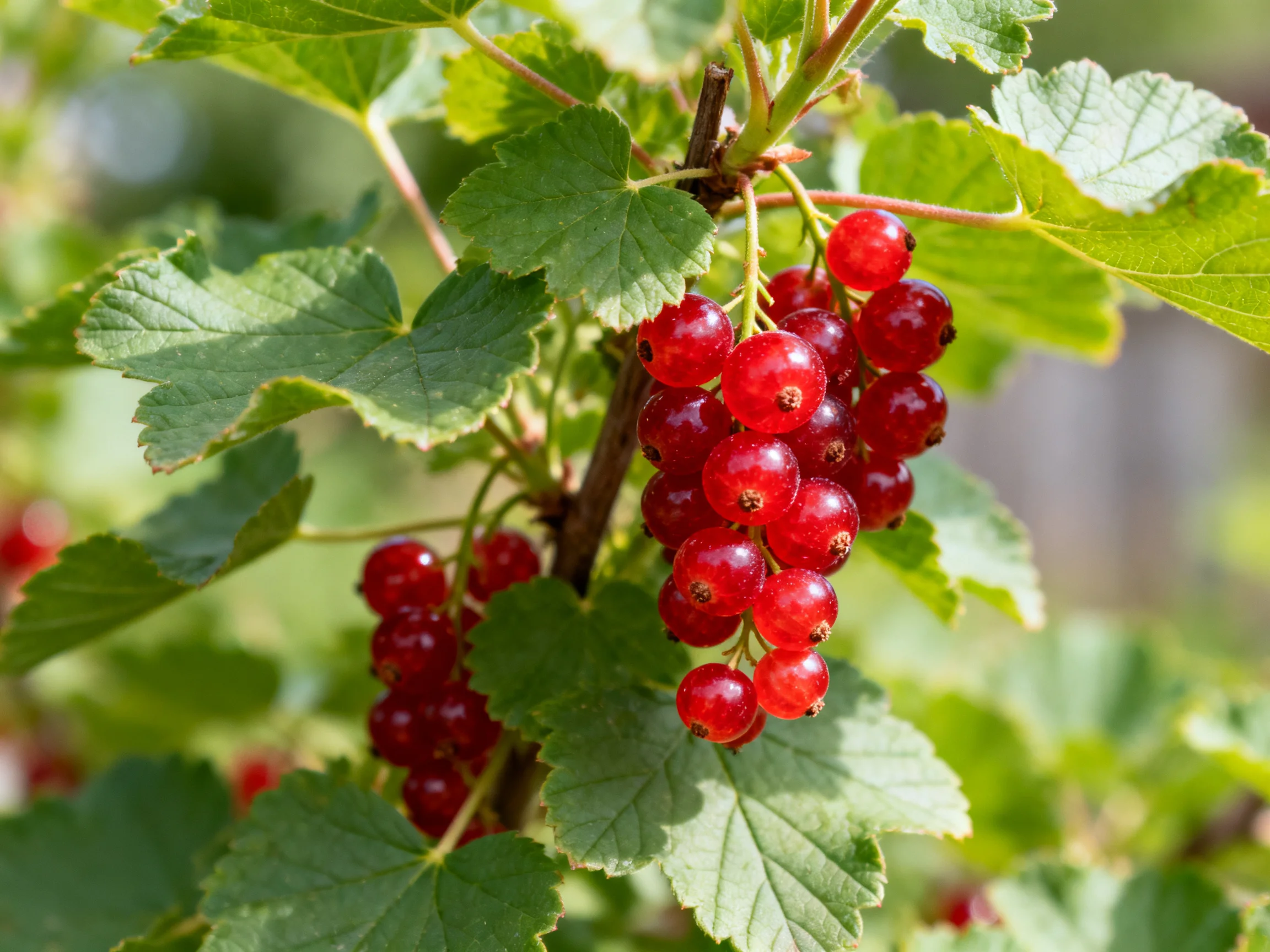 Vibrant red currant clusters hang amid lush green foliage