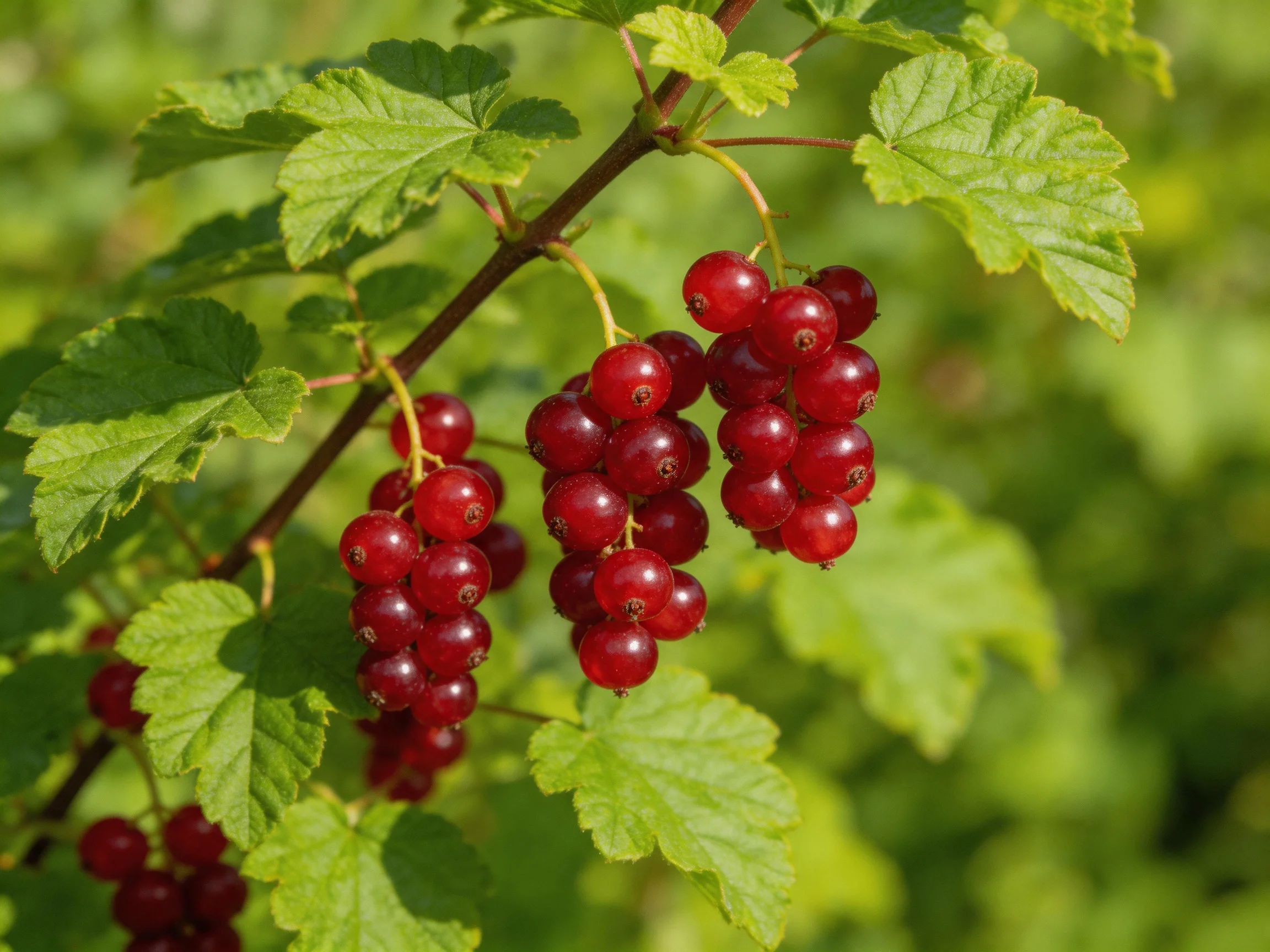 Vibrant red currant clusters hang among lush green foliage