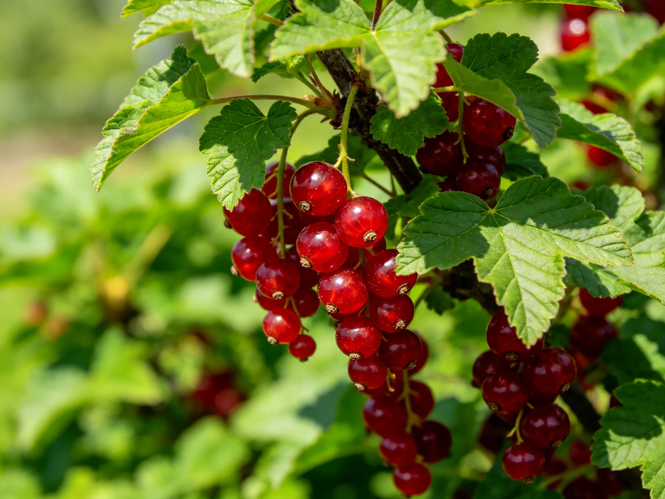 Vibrant red currant clusters hang among lush green foliage