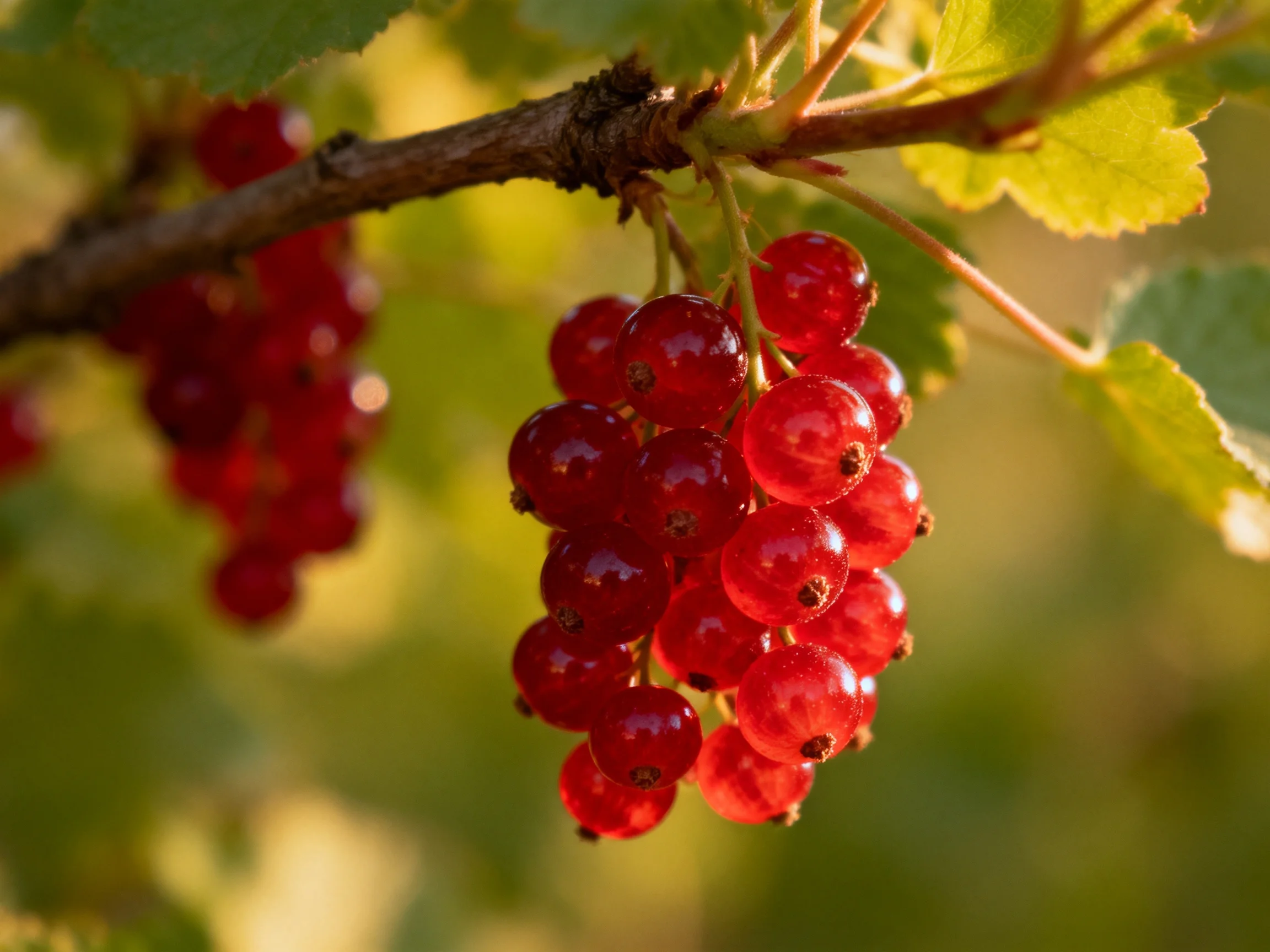 Vibrant red currant clusters hang from a branch amid green foliage