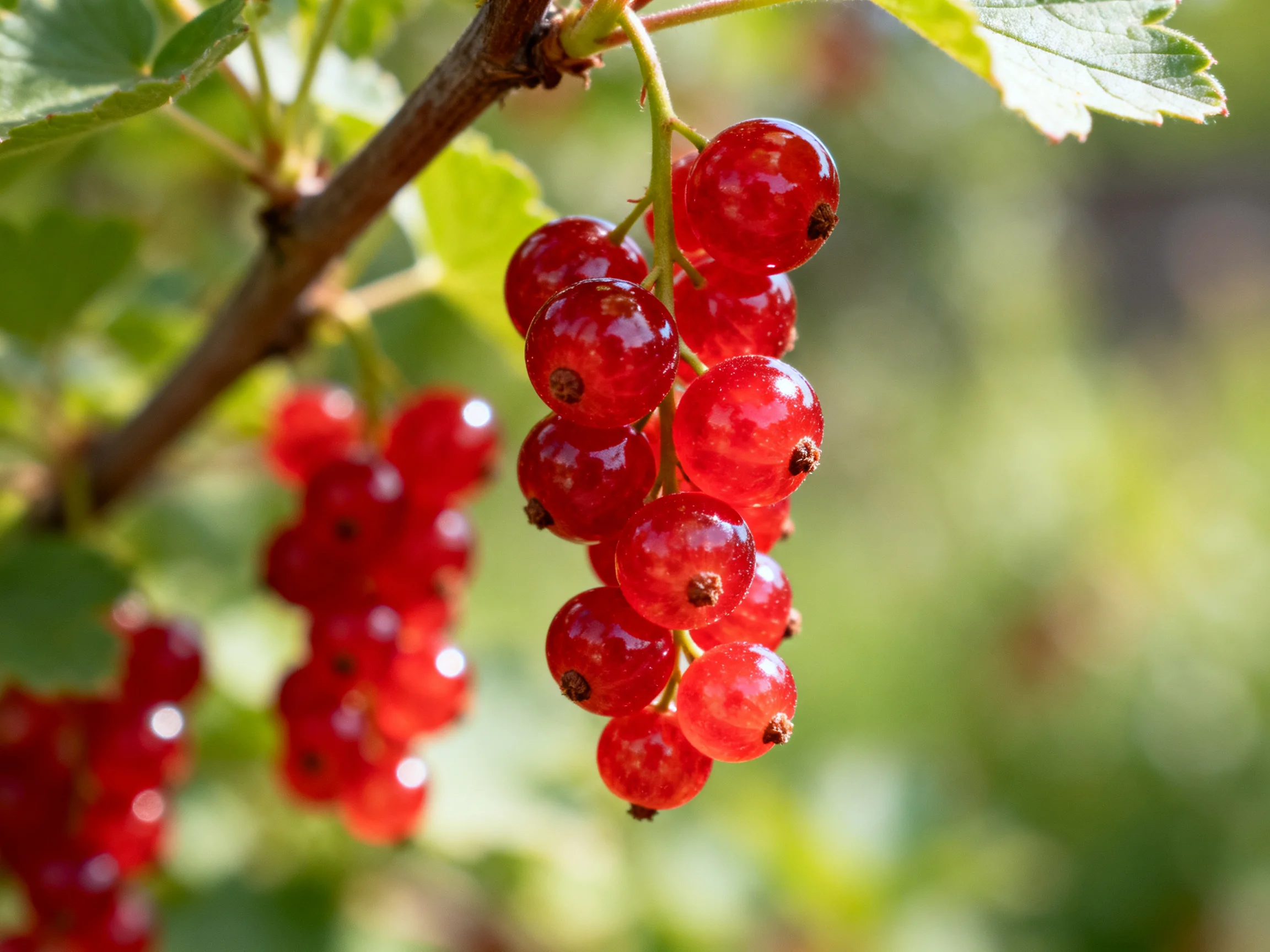 Vibrant red currant clusters hang from a branch amid green foliage.
