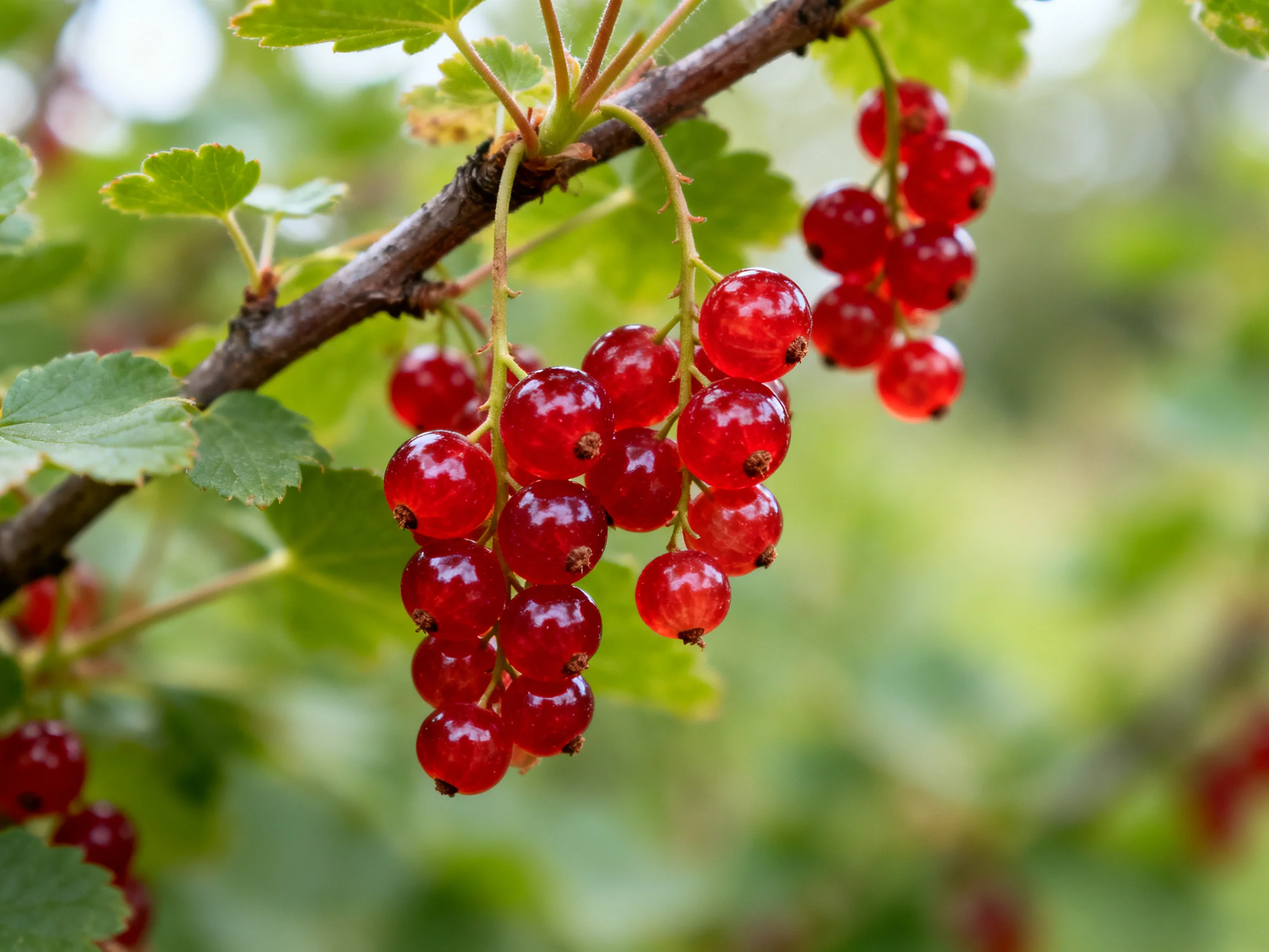 Vibrant red currant clusters hang from a brown tree branch