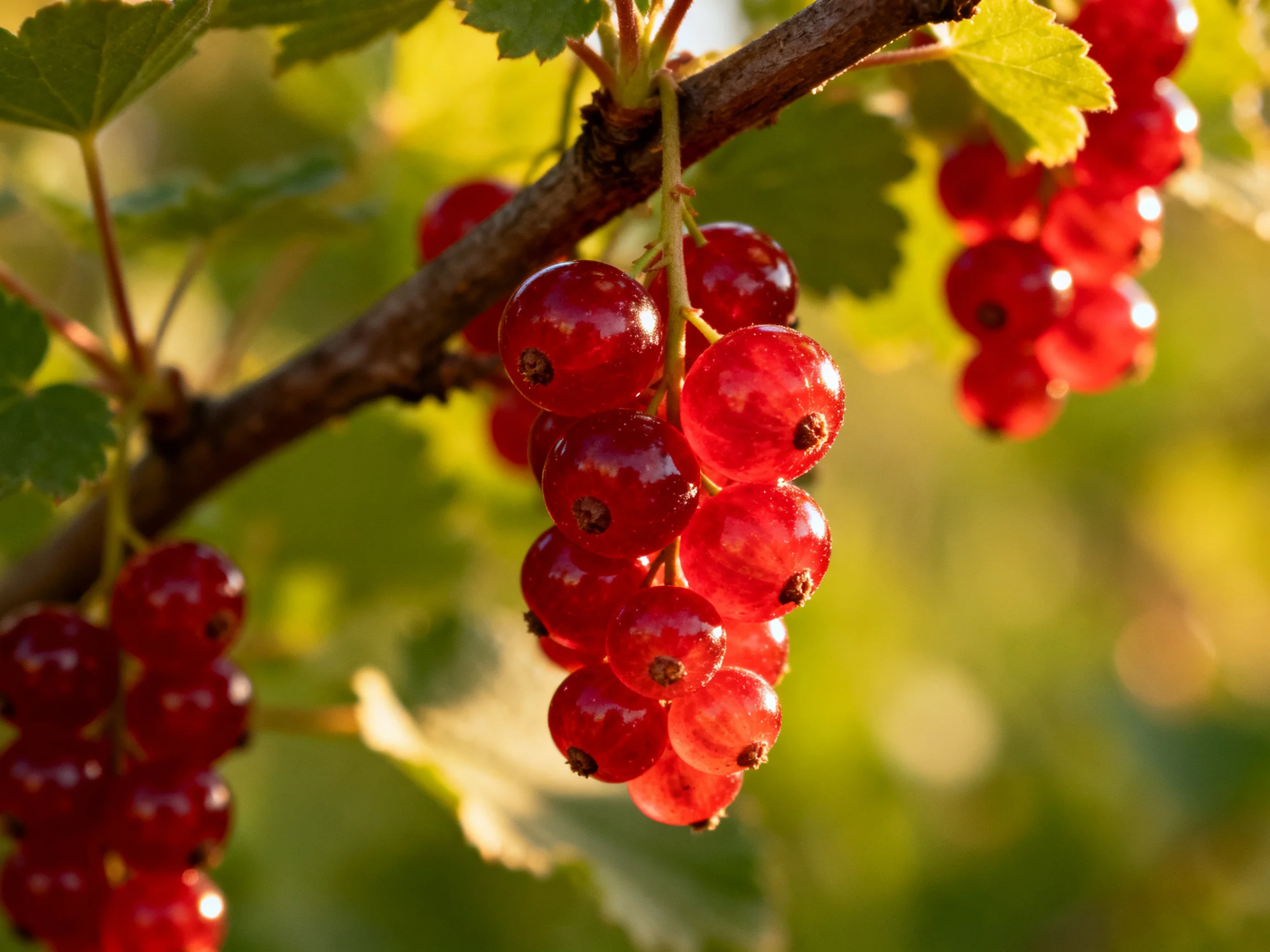 Vibrant red currant clusters hang from a brown tree branch