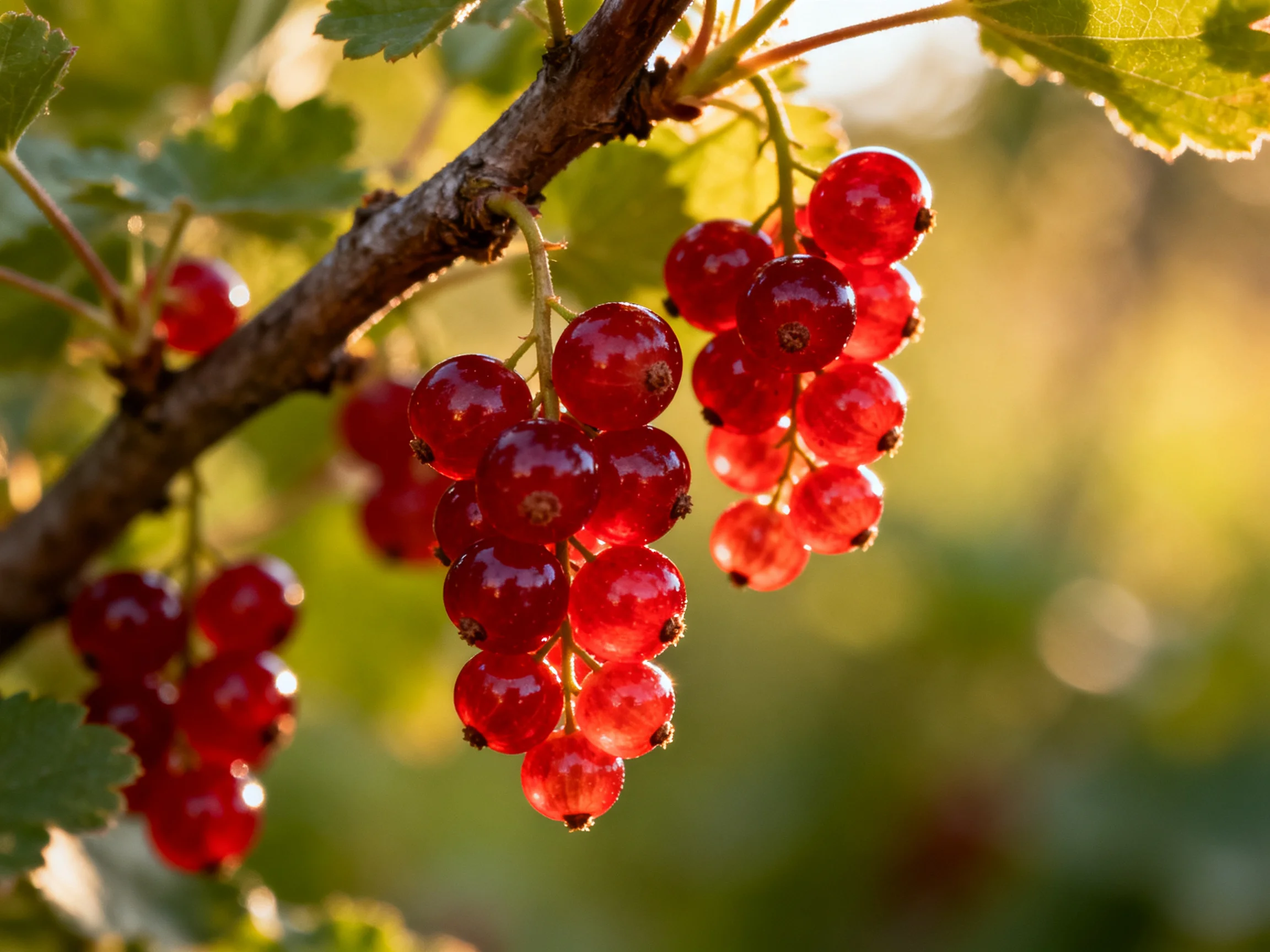 Vibrant red currant clusters hang from a gnarled branch amid green foliage.