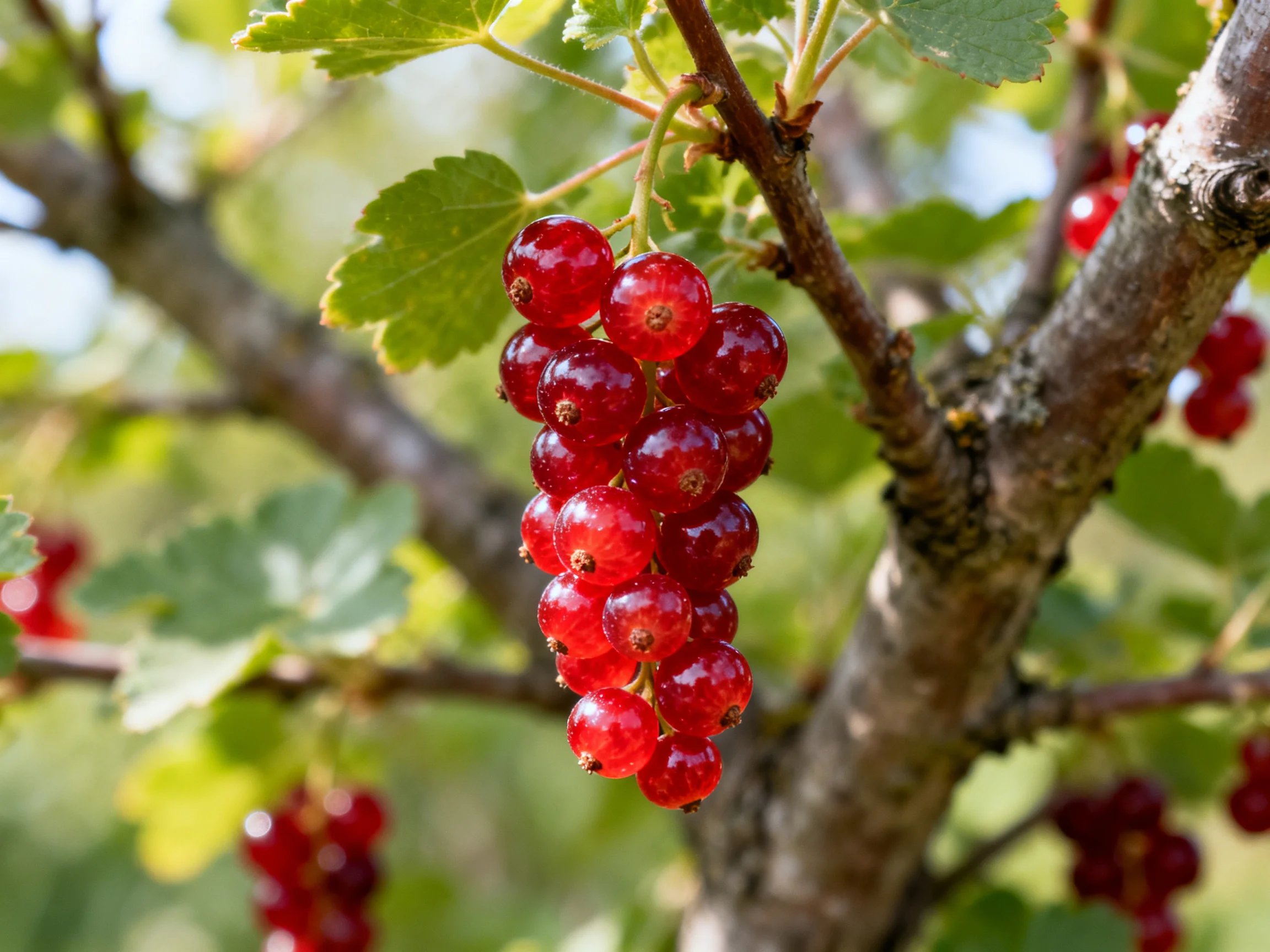 Vibrant red currant clusters hang from a gnarled tree branch