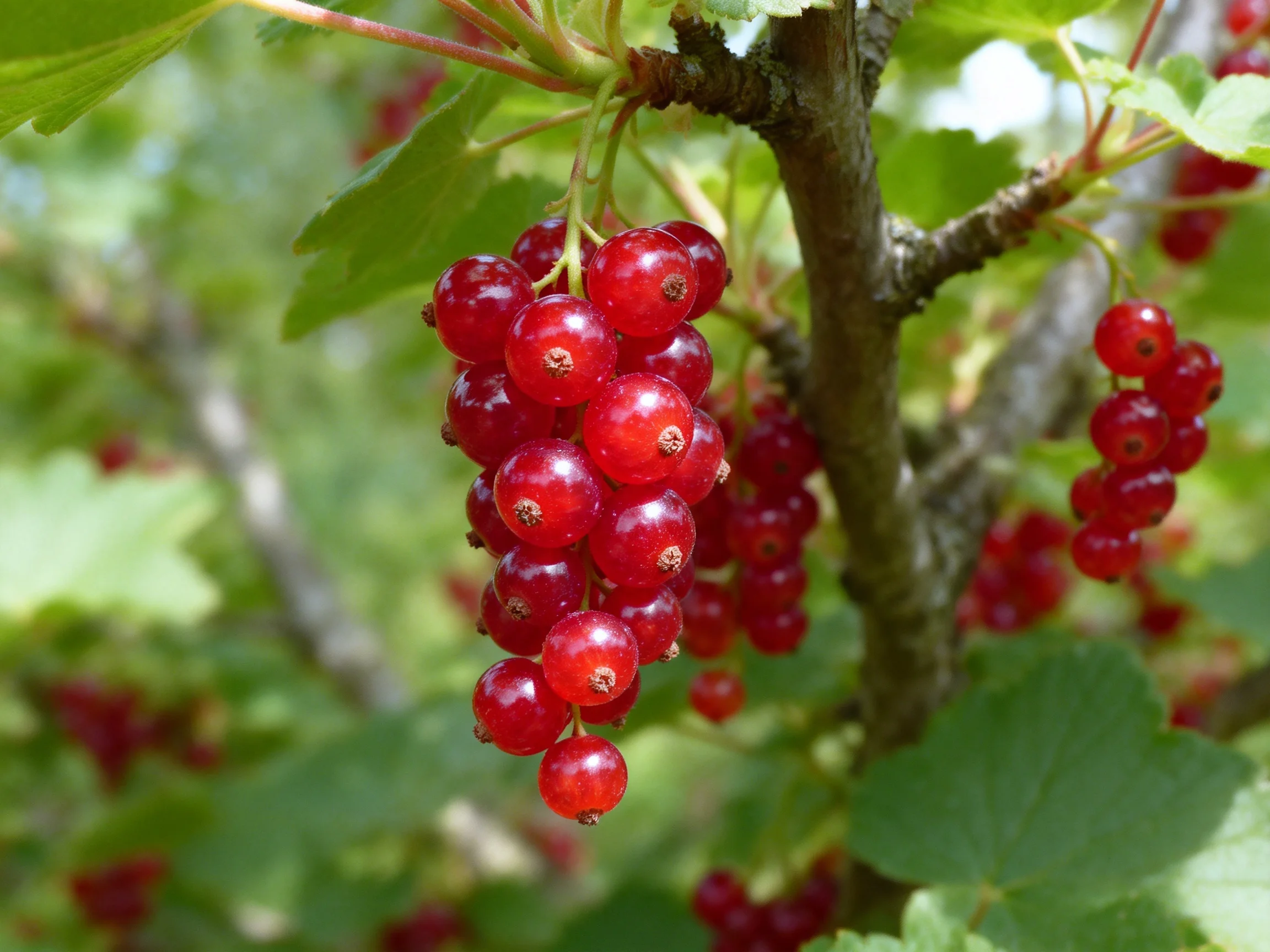 Vibrant red currant clusters hang from a tree branch