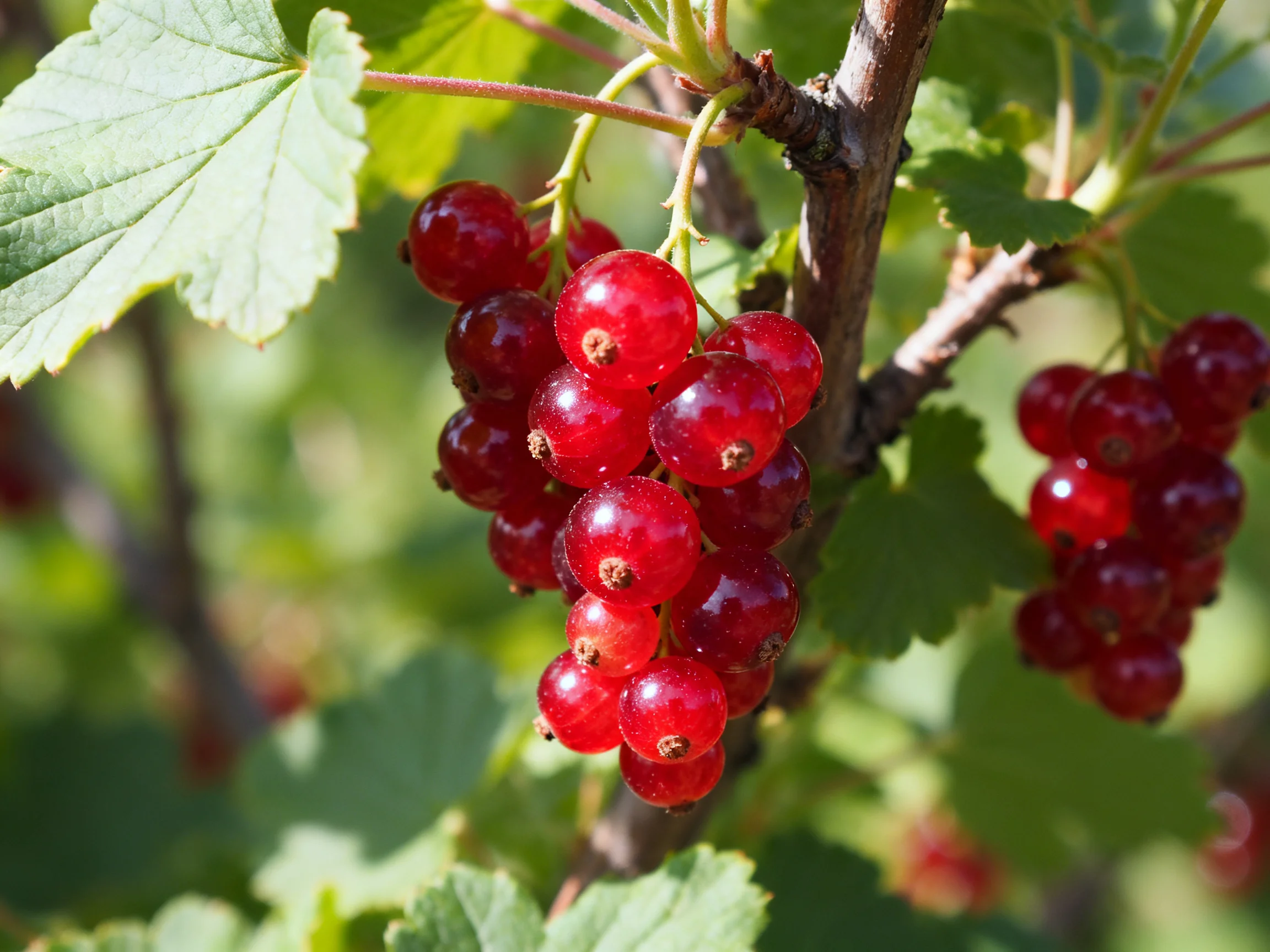 Vibrant red currant clusters hang from branches amid lush green foliage