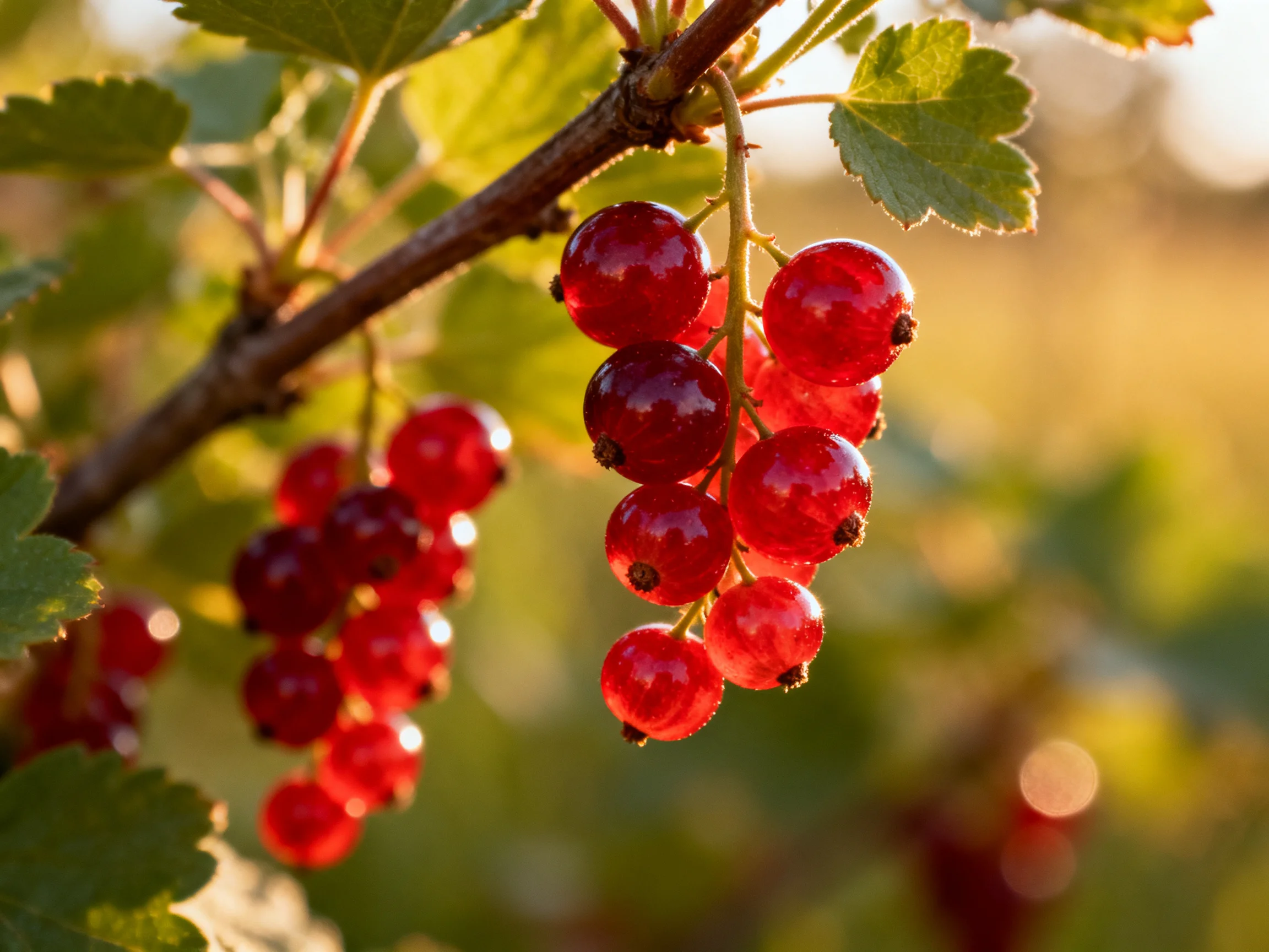 Vibrant red currant clusters hang from branches bathed in golden sunlight