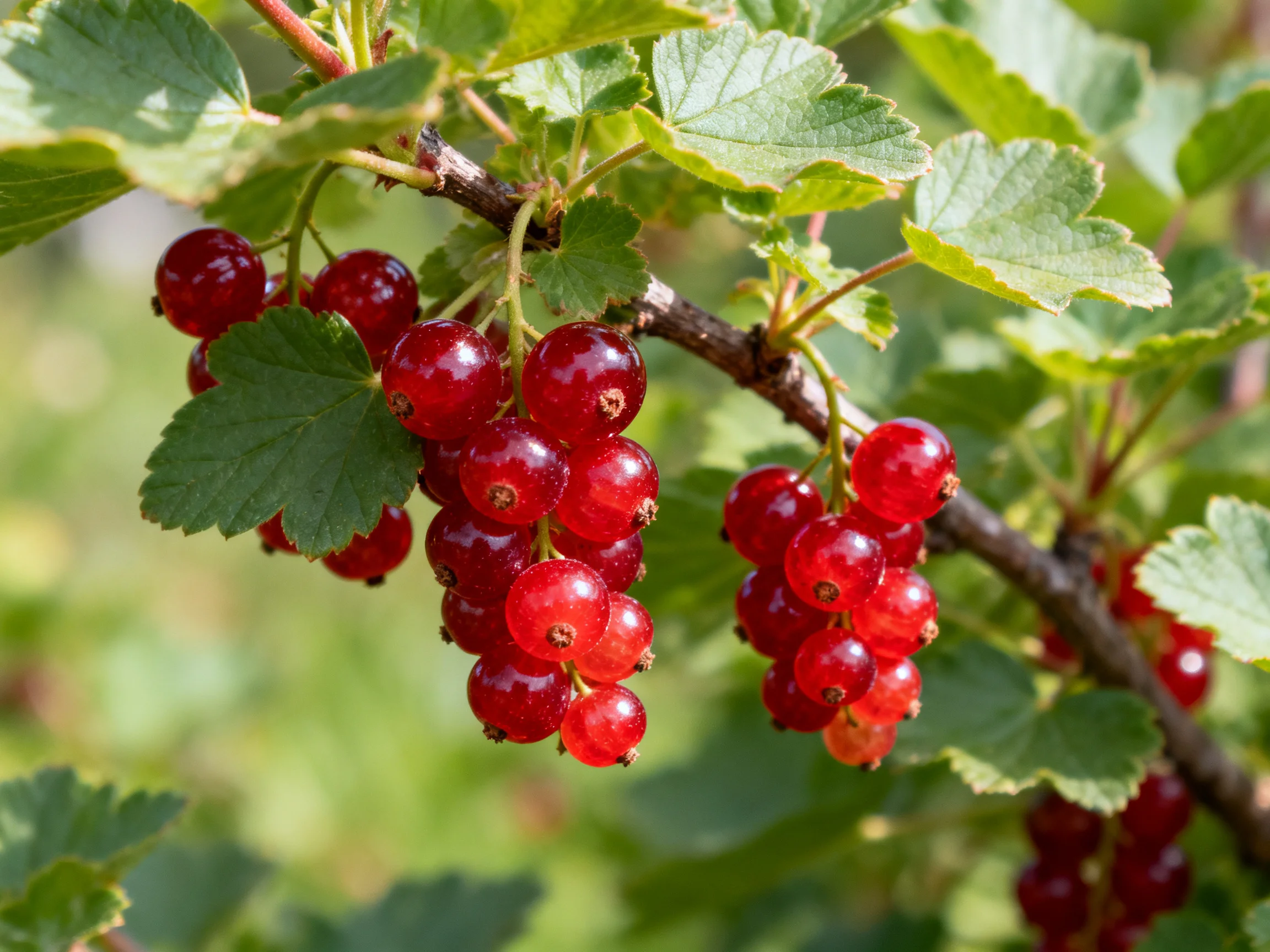 Vibrant red currant clusters hang from leafy branches