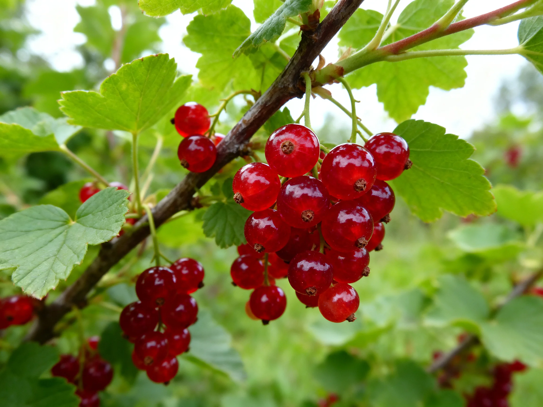 Vibrant red currant clusters hang from leafy branches