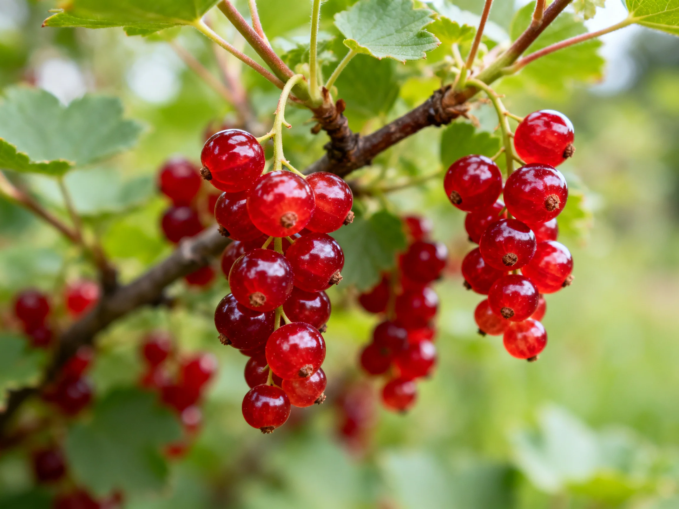 Vibrant red currant clusters hang from lush green branches