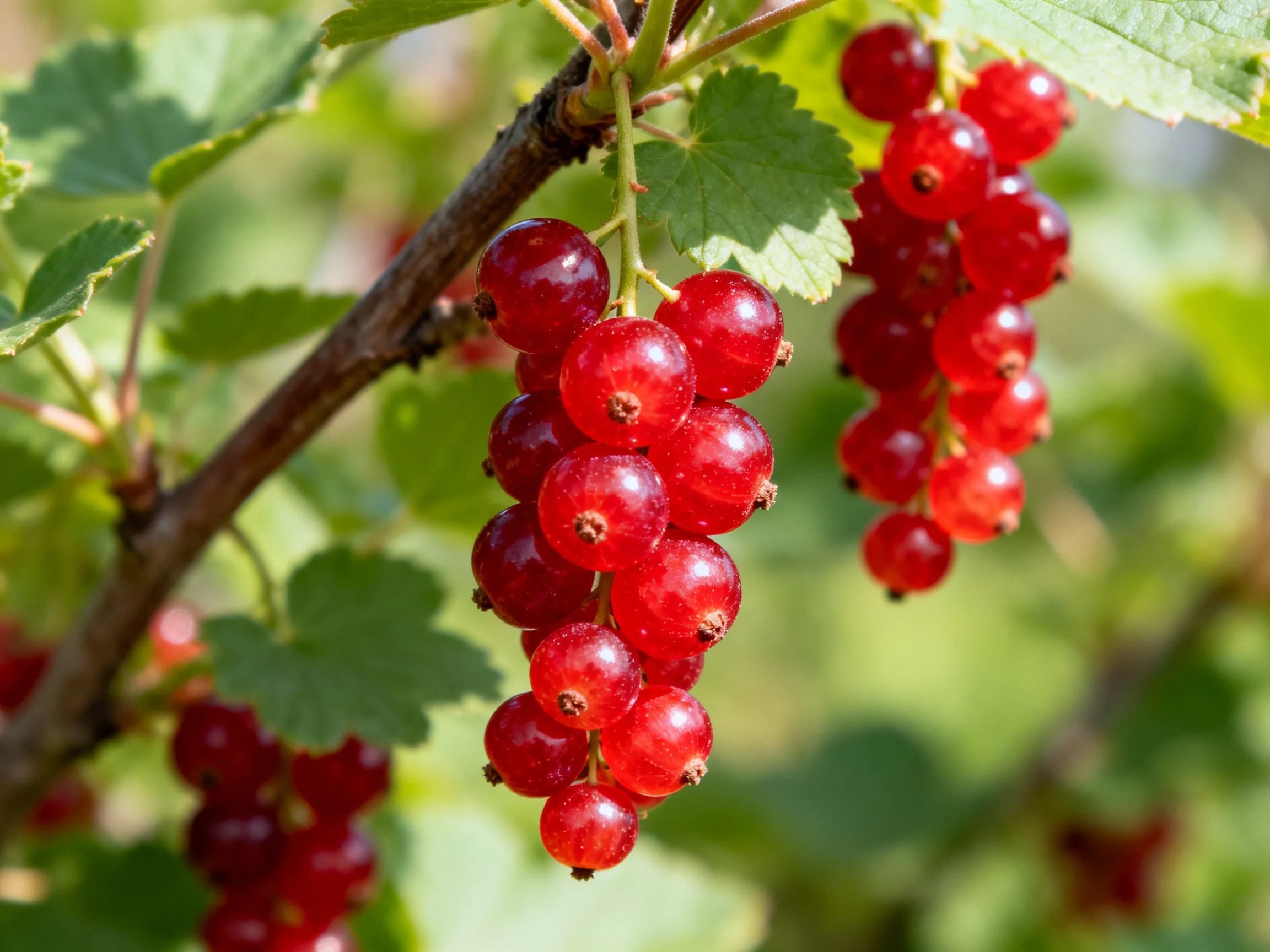 Vibrant red currant clusters hang from lush green branches