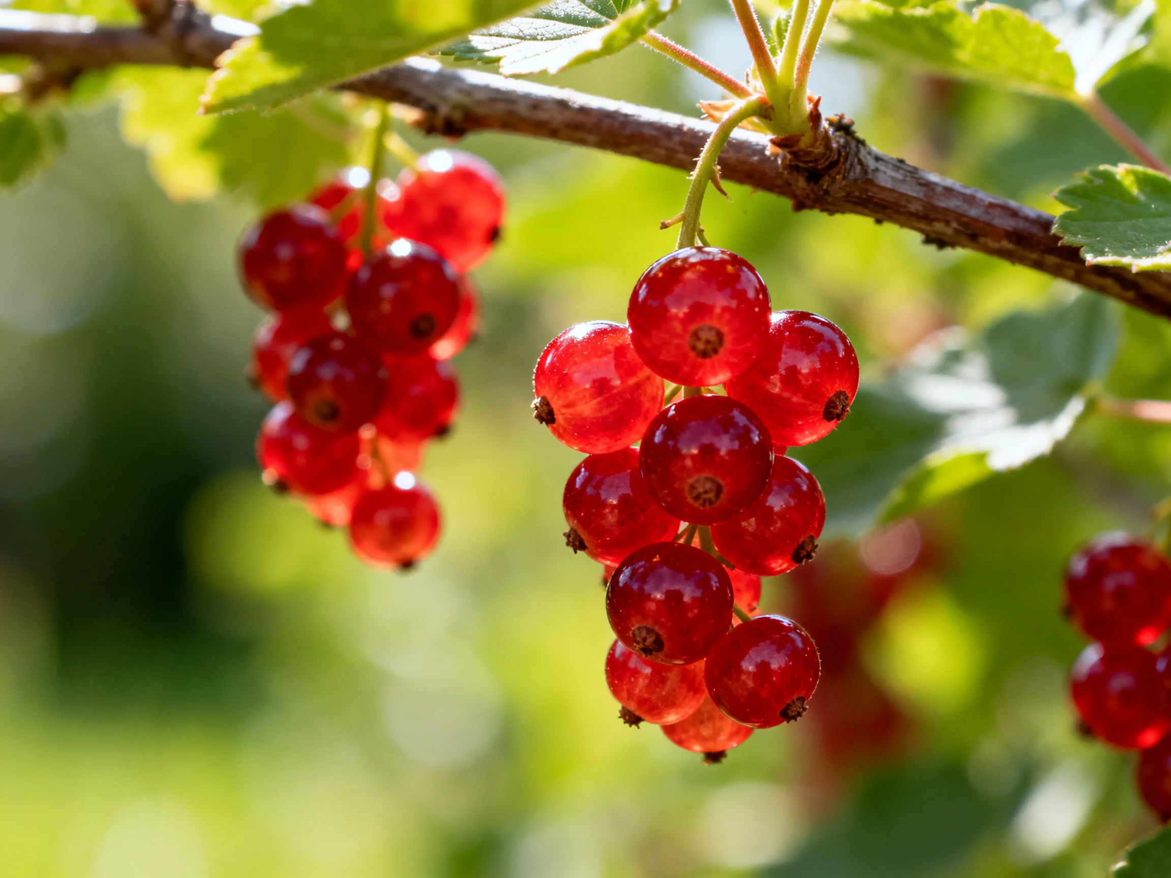 Vibrant red currant clusters hang from sturdy brown branches amid lush green foliage.