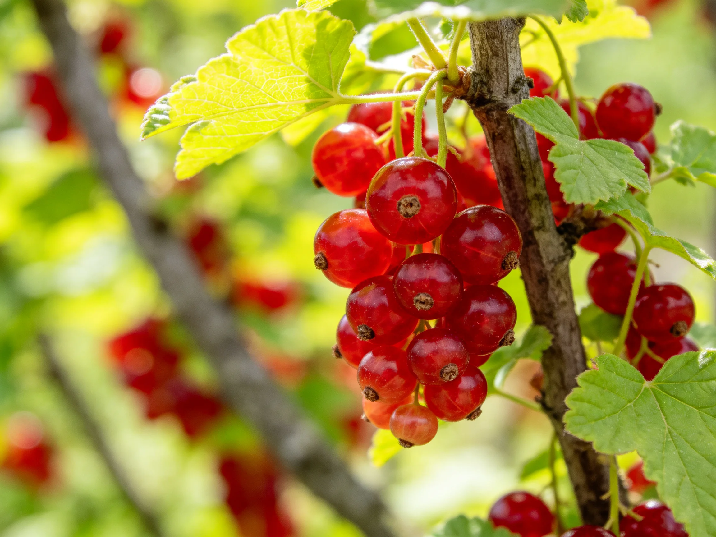 Vibrant red currant clusters hanging from lush green branches