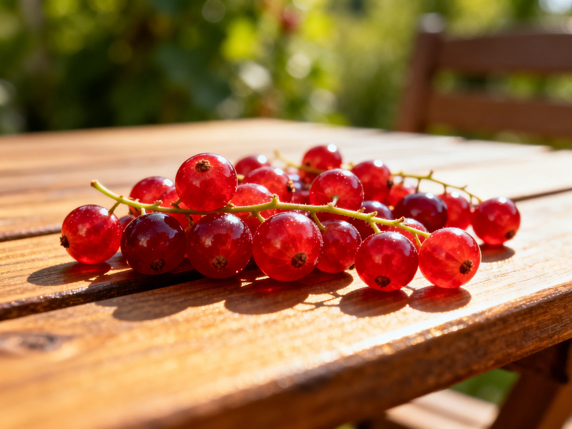 Vibrant red currants arranged on a polished wooden table in natural light