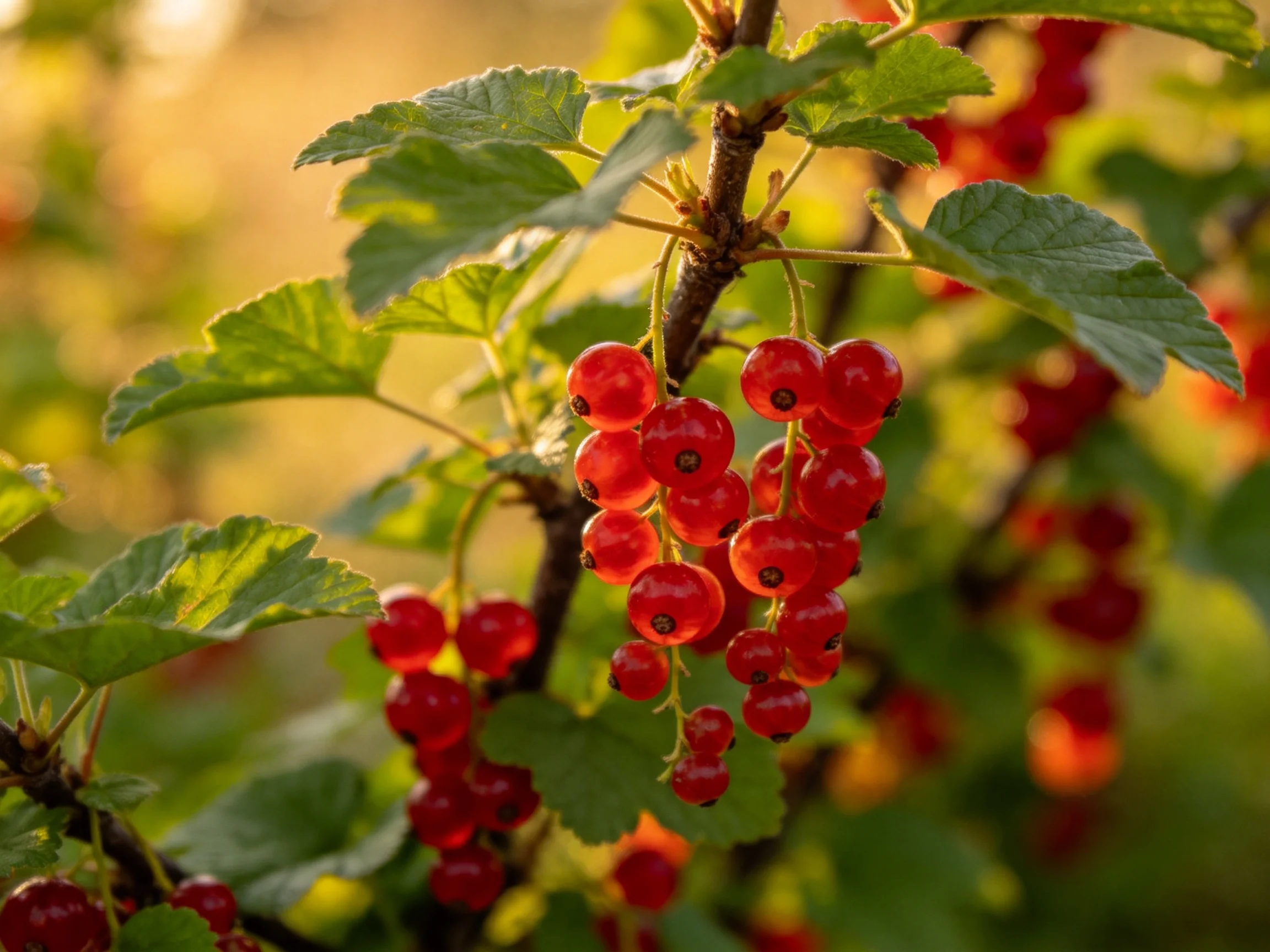 Vibrant red currants cluster amid lush green foliage