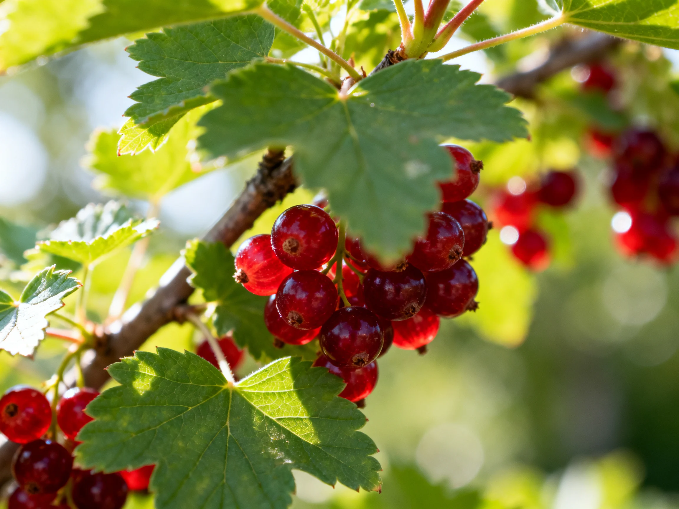 Vibrant red currants cluster among lush green foliage