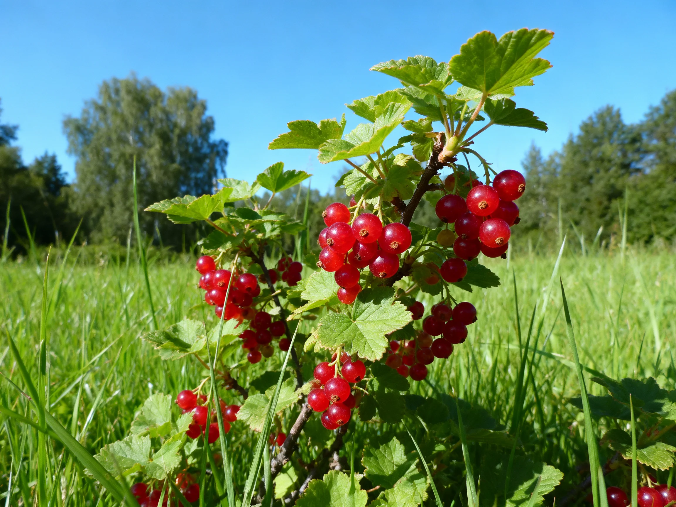 Vibrant red currants cluster among lush green foliage in a sunlit meadow