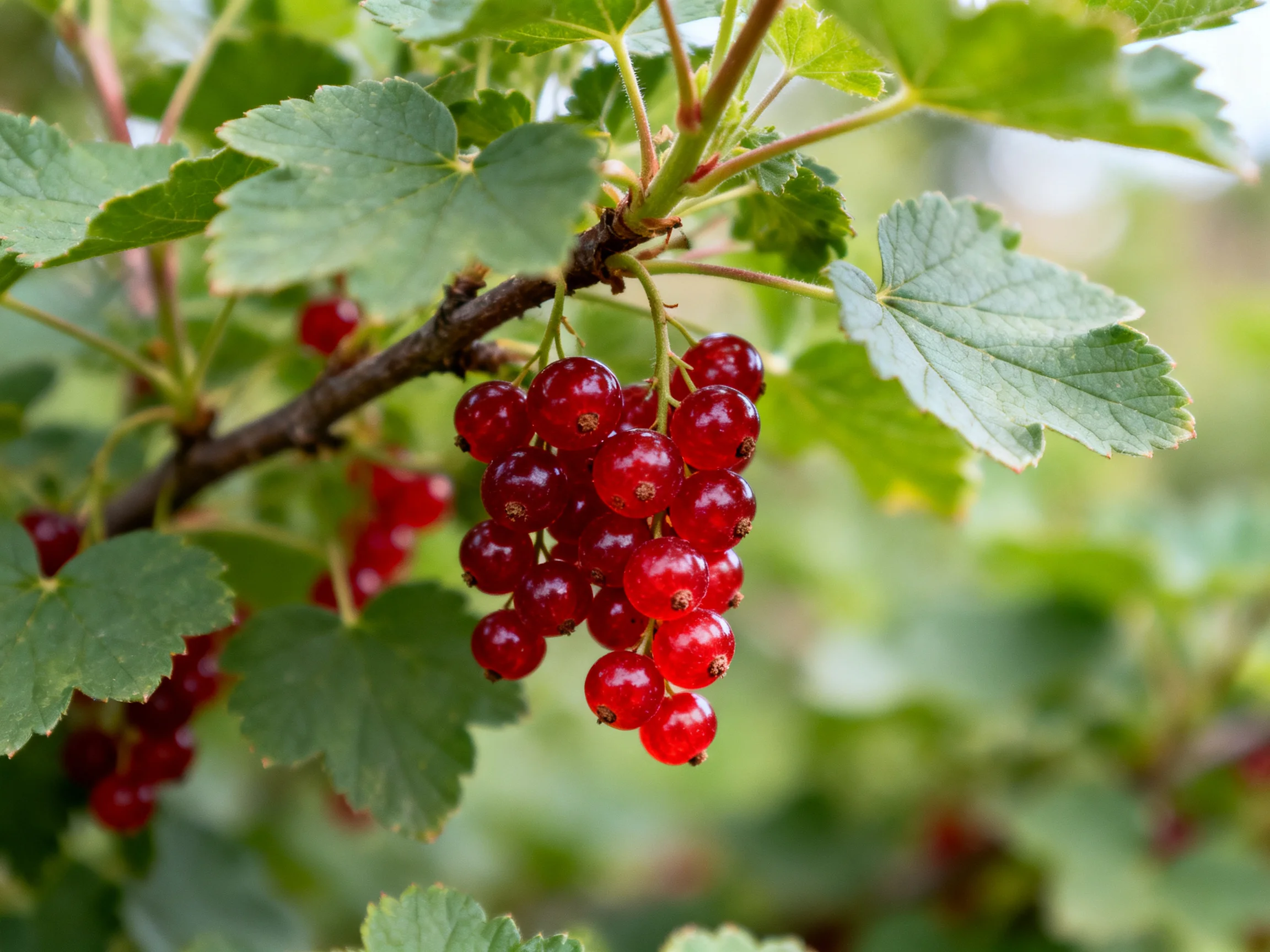 Vibrant red currants cluster on a leafy branch with green foliage