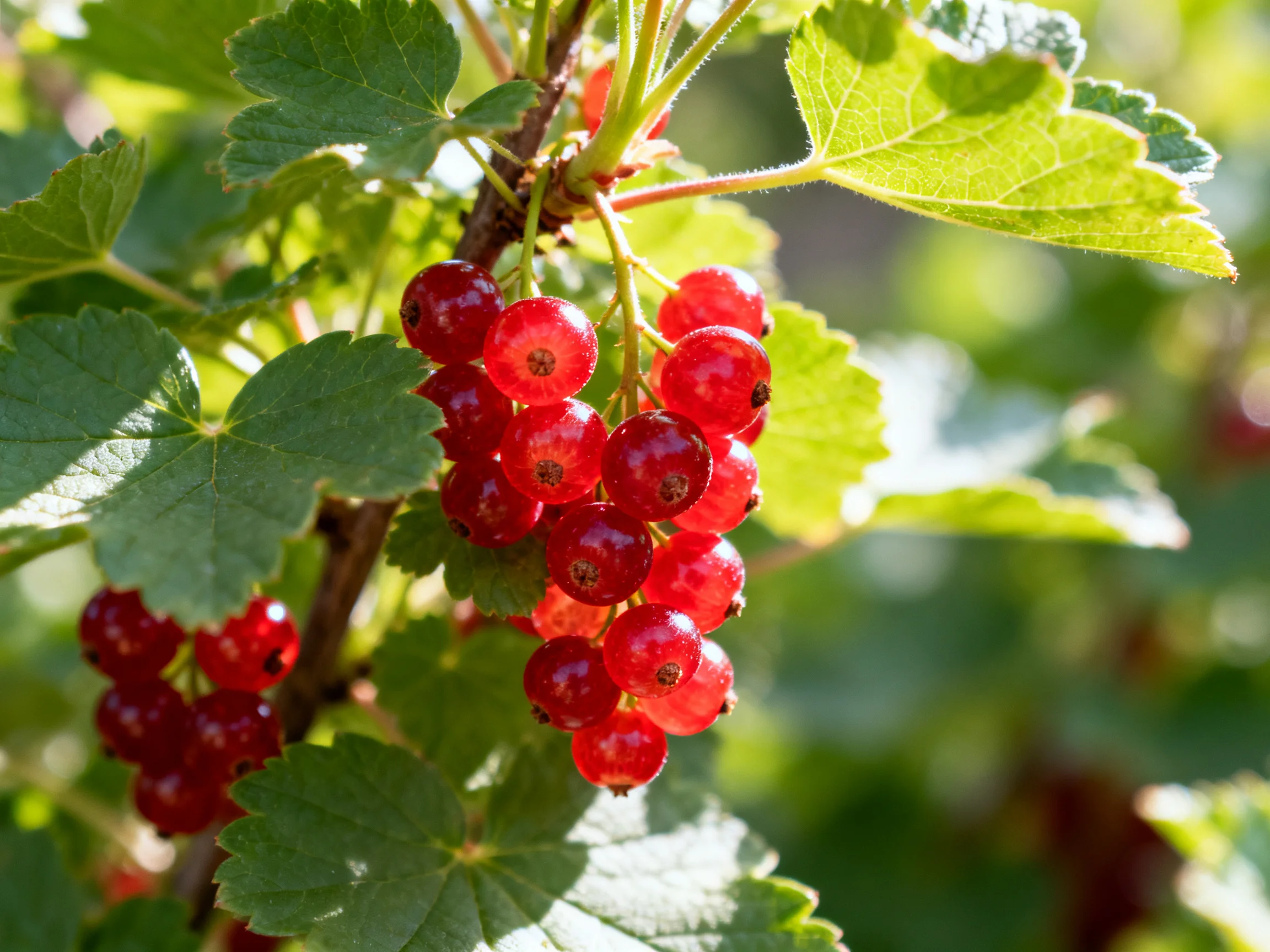 Vibrant red currants clustered among lush green foliage