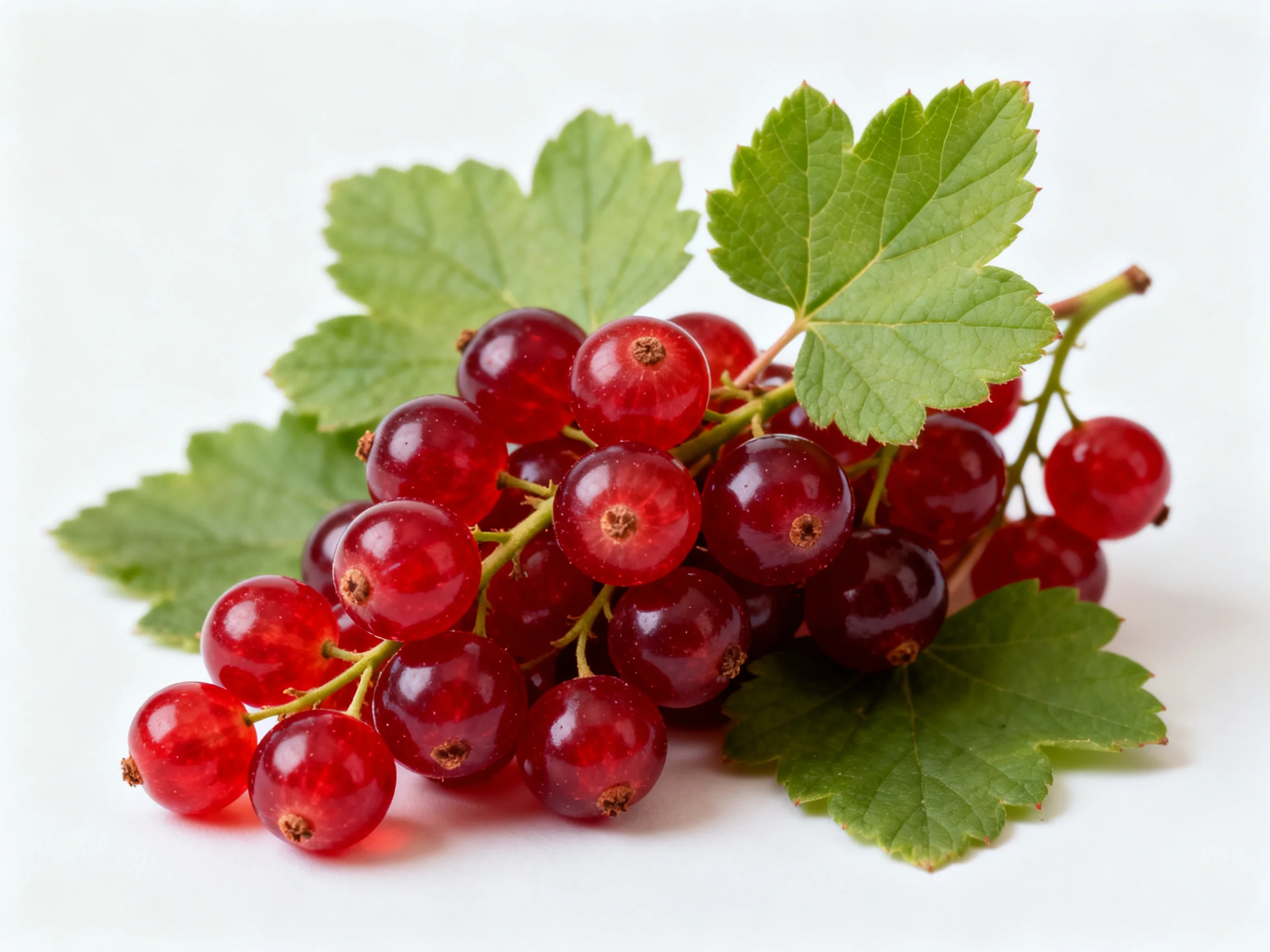 Vibrant red currants clustered with fresh green leaves
