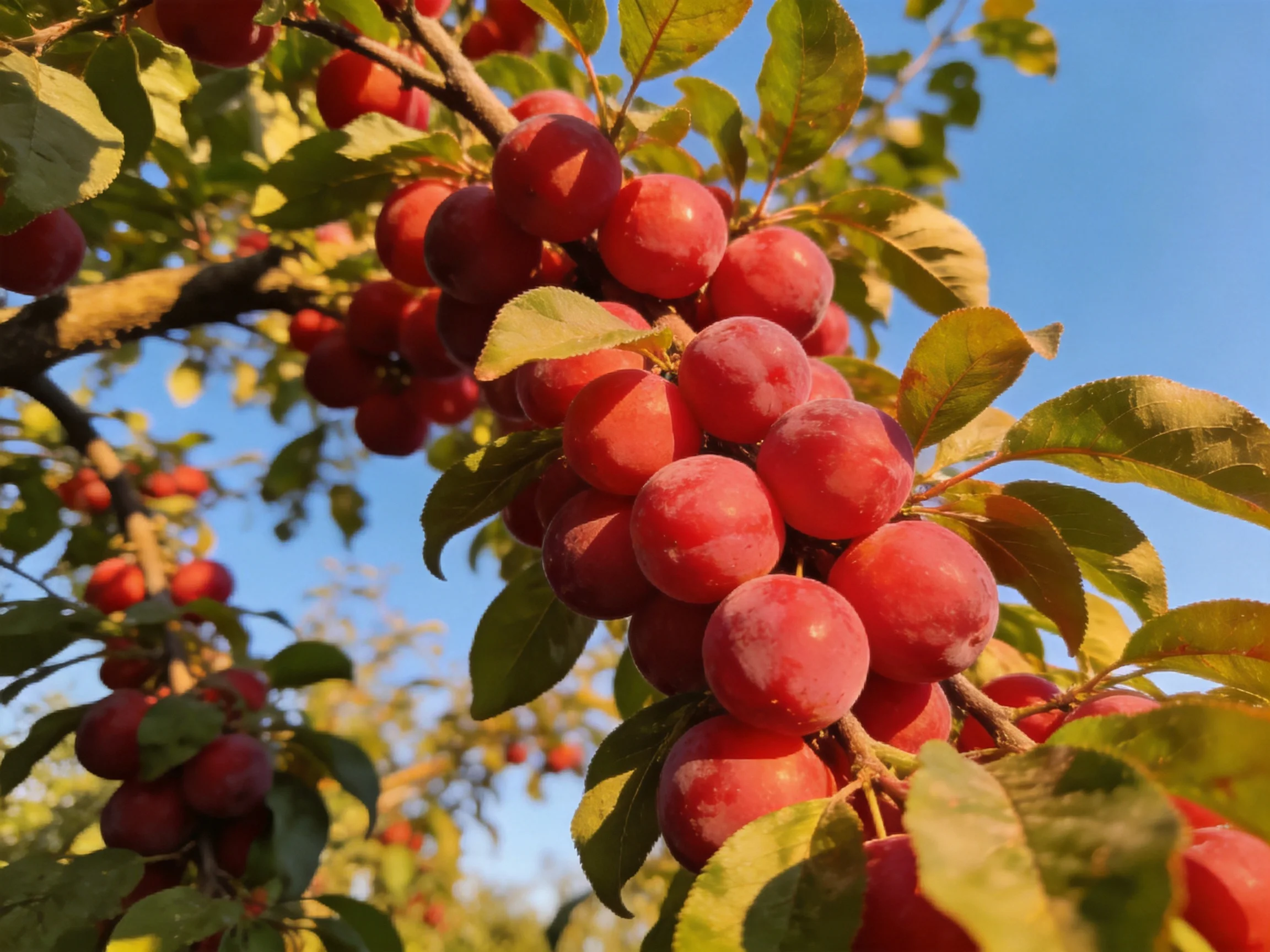 Vibrant red fruits cluster densely on a leafy tree under clear blue sky