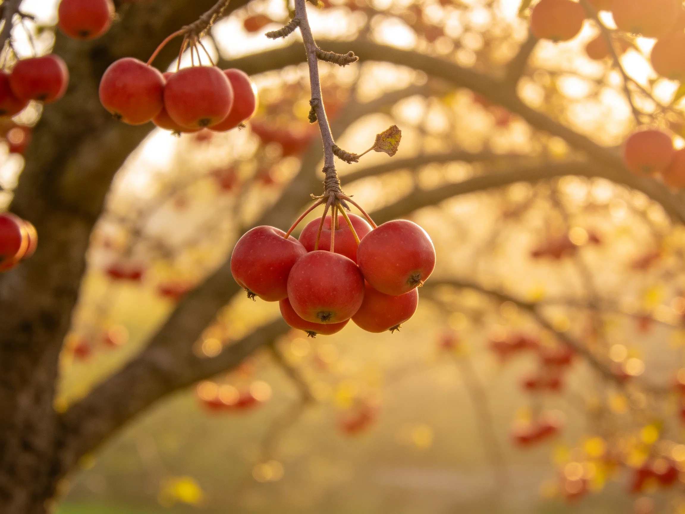 Vibrant red fruits cluster on tree branches amid golden sunlight
