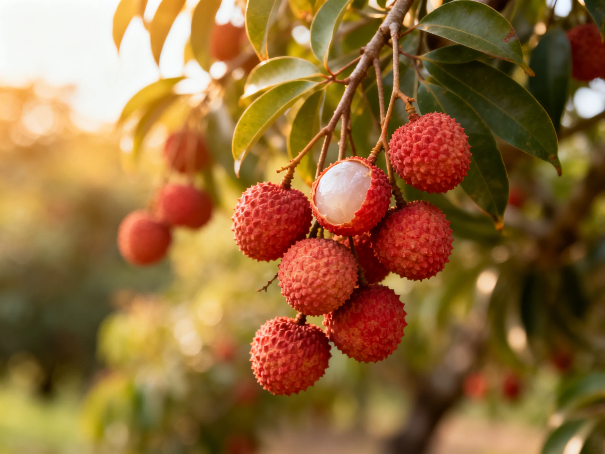 Vibrant red lychees cluster on a leafy branch in sunlight