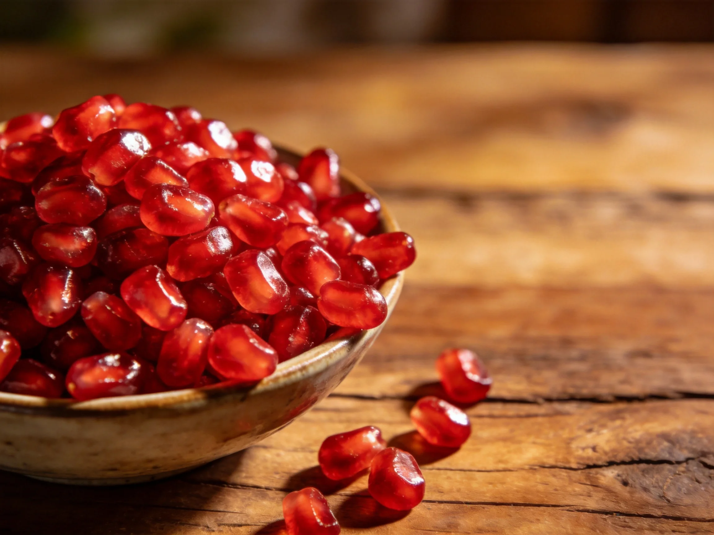 Vibrant red pomegranate seeds fill a ceramic bowl on a rustic wooden table