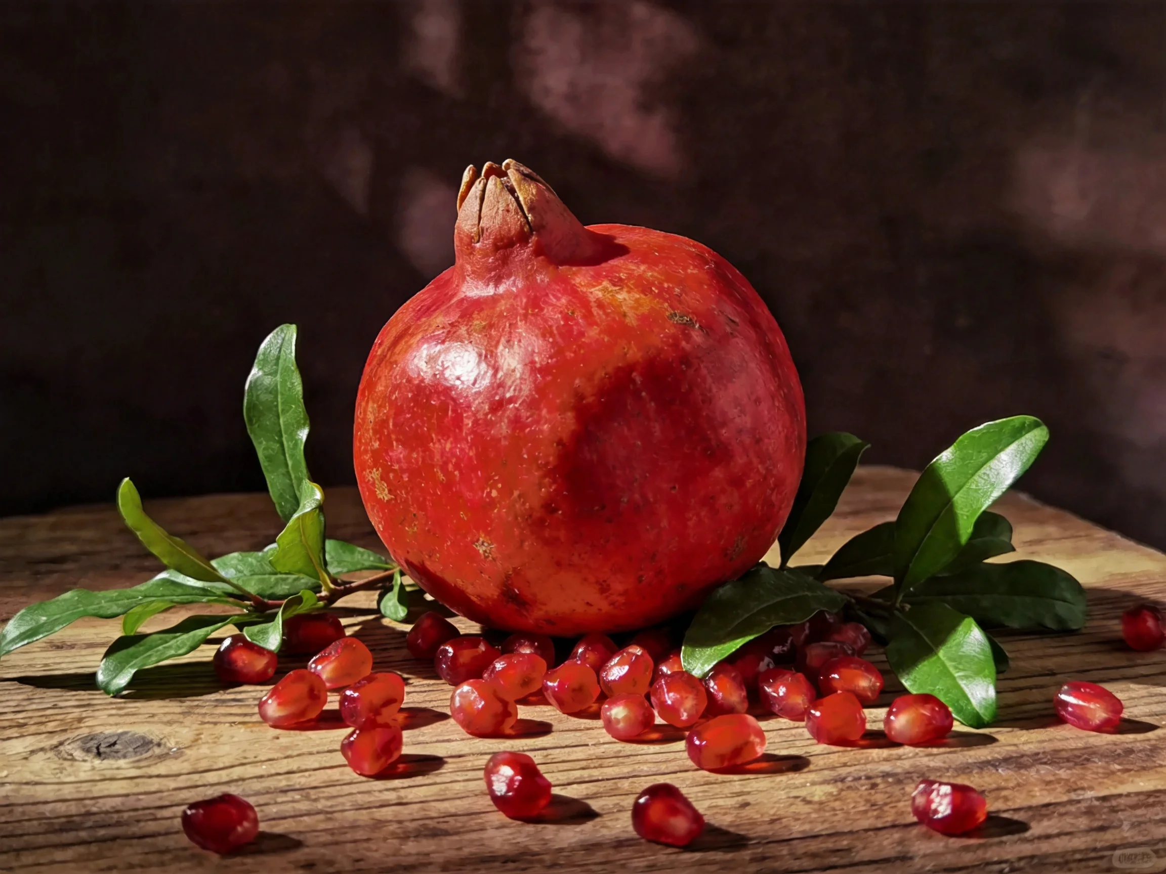 Vibrant red pomegranate with scattered seeds on rustic wood