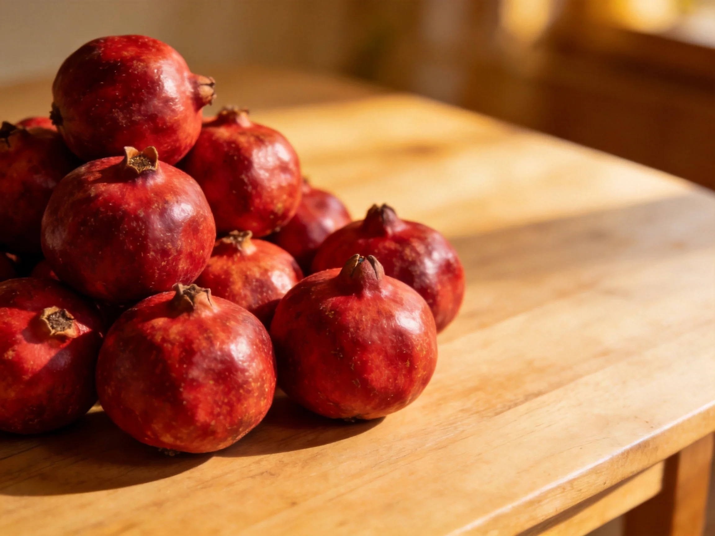 Vibrant red pomegranates arranged on a wooden table