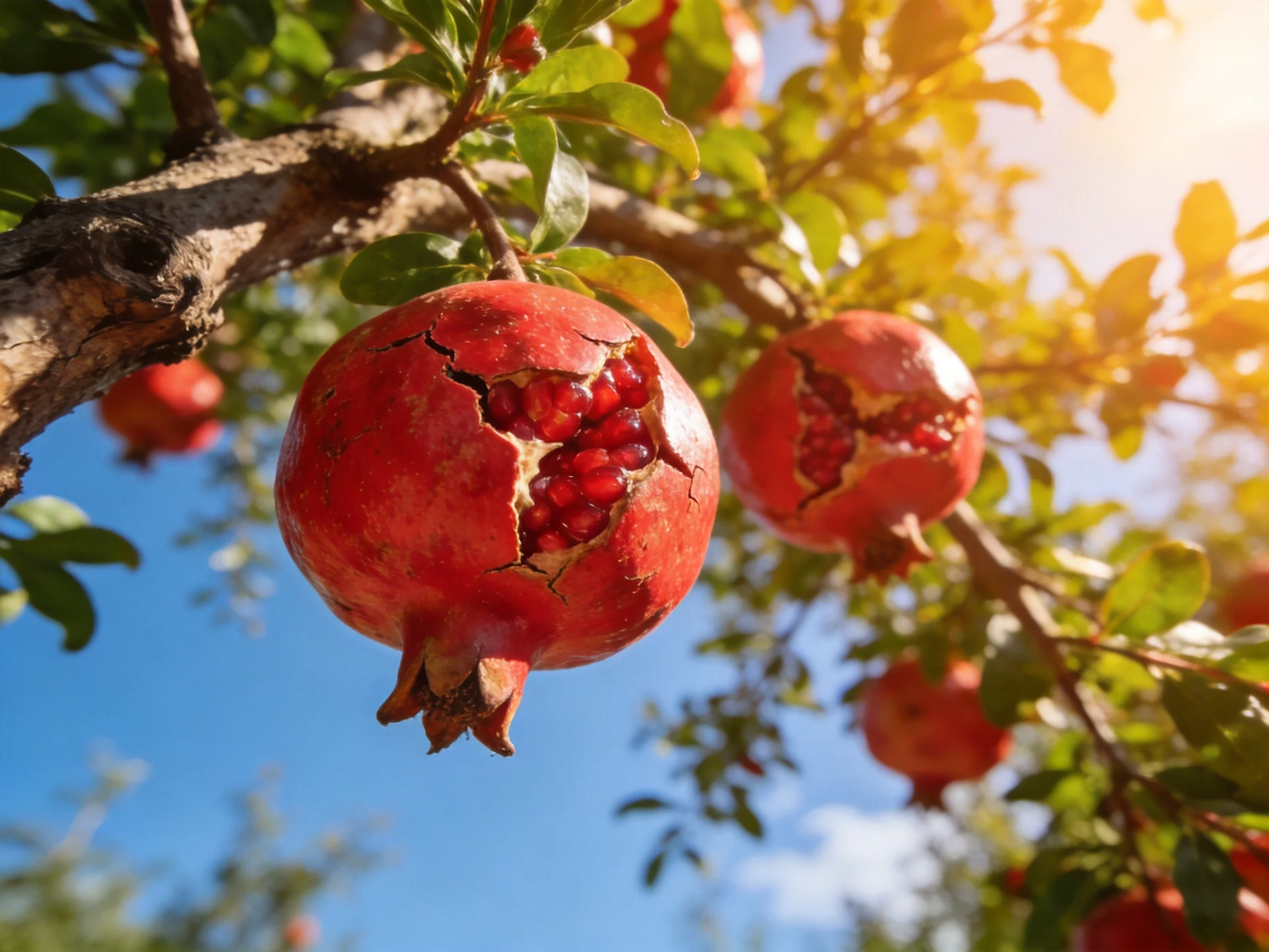 Vibrant red pomegranates hang from a tree branch under sunny daylight