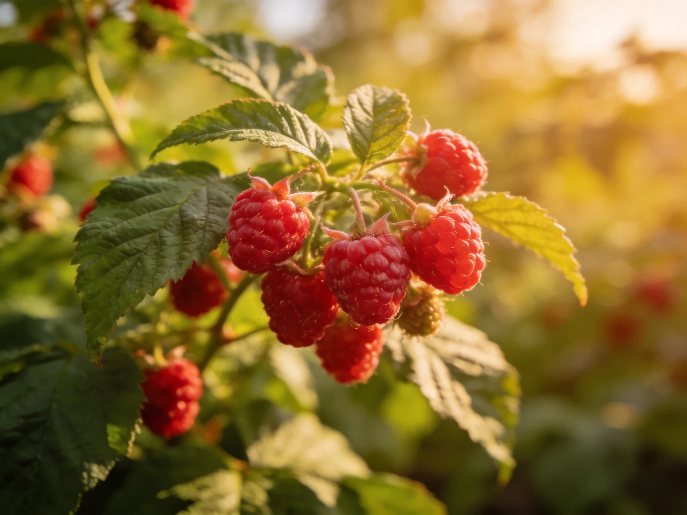 Vibrant red raspberries cluster amid glossy green leaves in goldensunlight