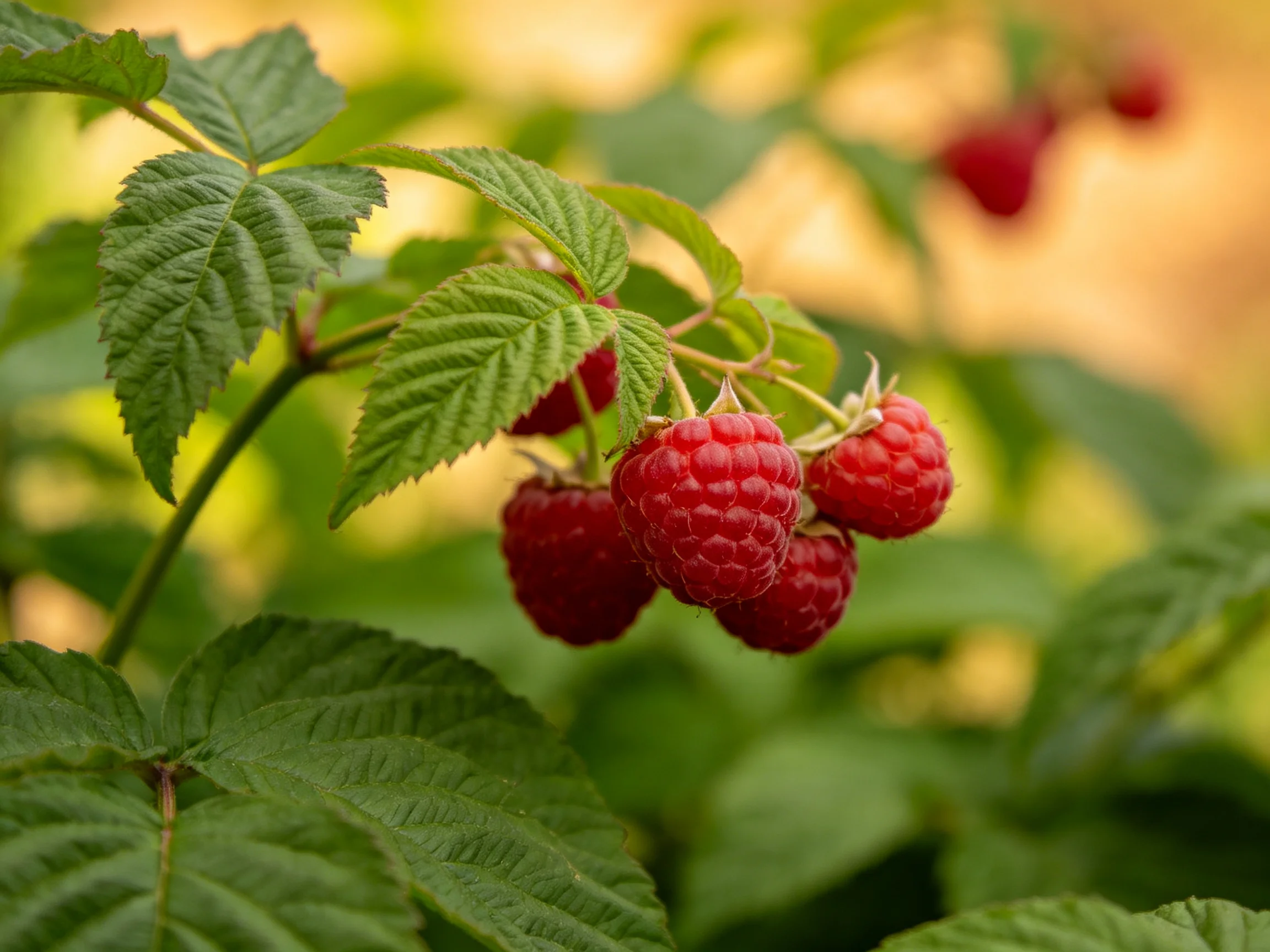 Vibrant red raspberries cluster among lush green foliage under warm sunlight