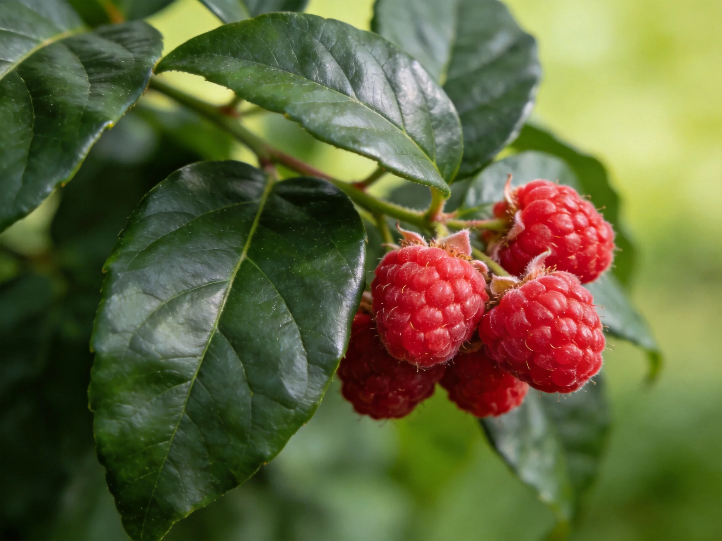 Vibrant red raspberries clustered among glossy green leaves
