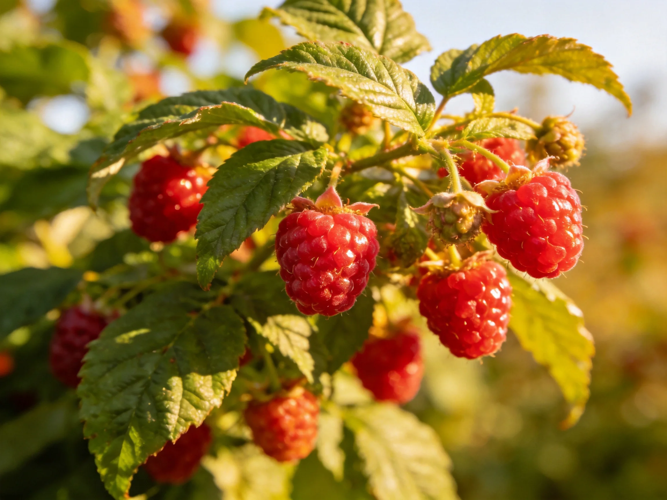 Vibrant red raspberries clustered among lush green foliage