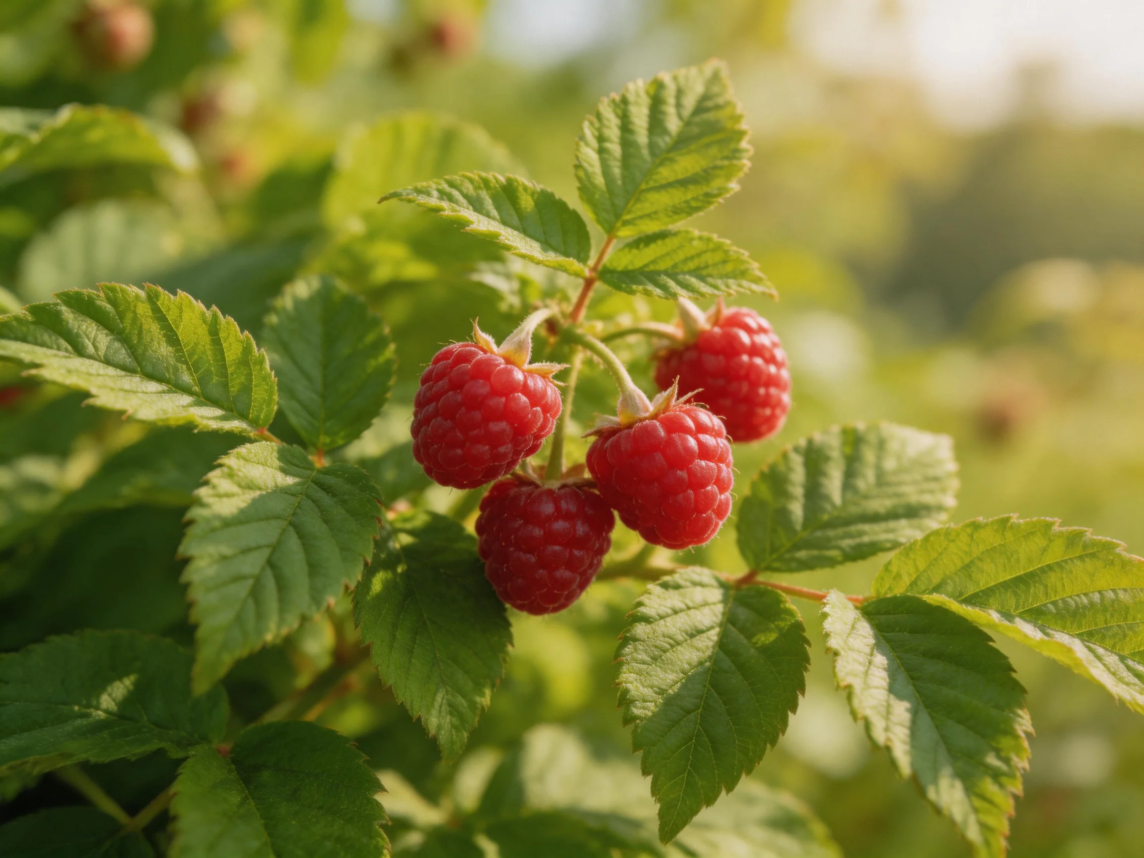 Vibrant red raspberries clustered among lush green foliage