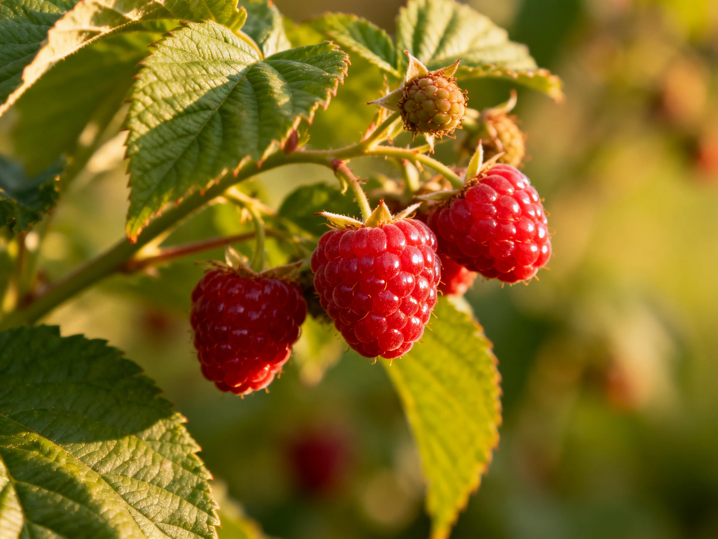 Vibrant red raspberries hang from a leafy branchin soft sunlight