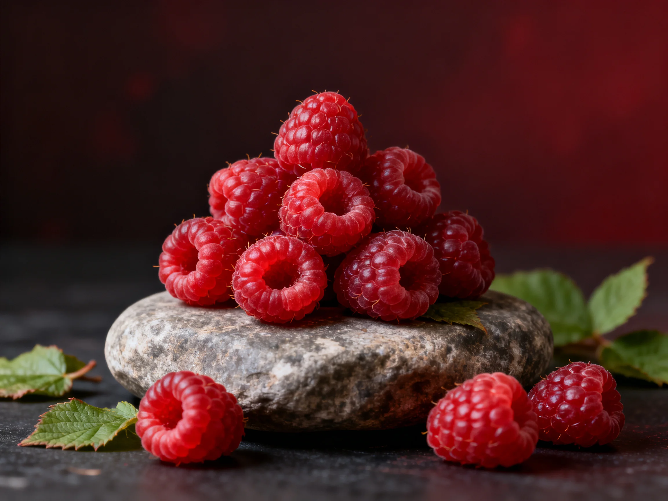 Vibrant red raspberries stacked on a stone with green foliage