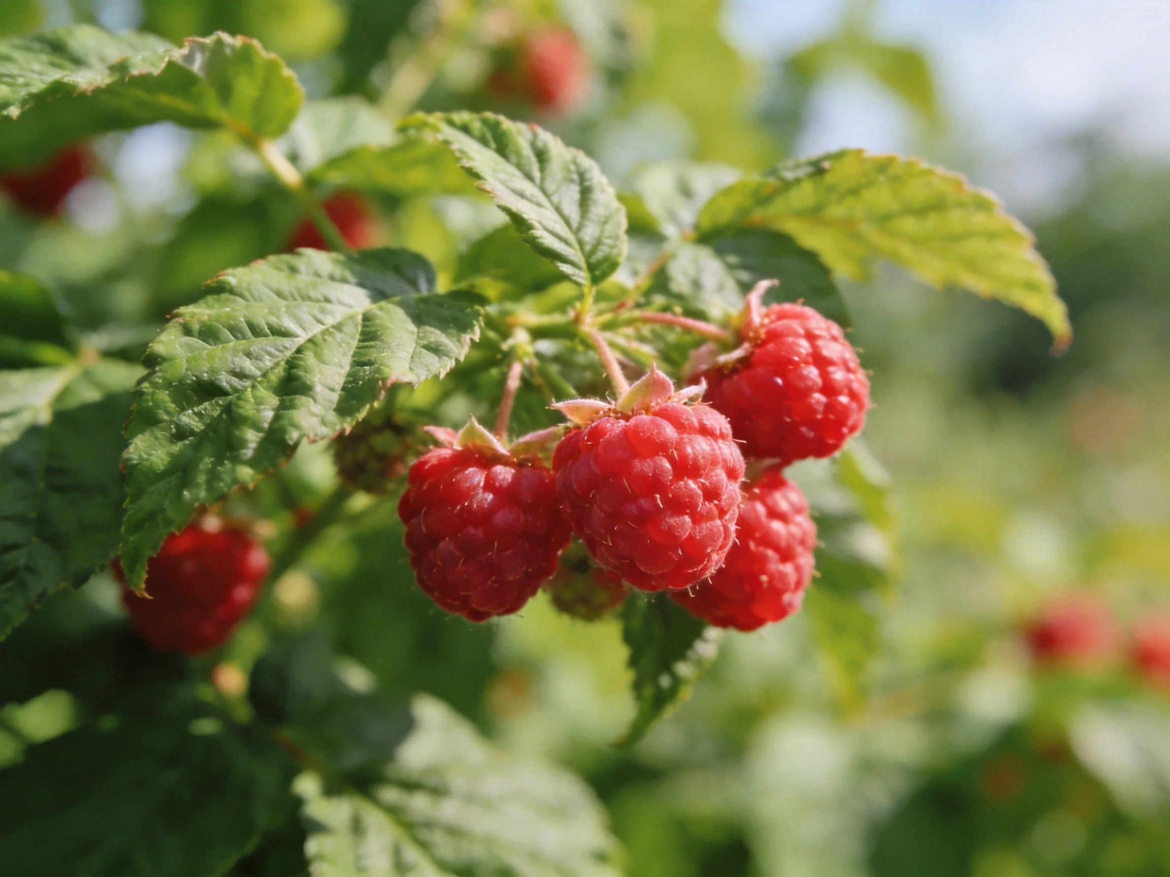 Vibrant red raspberry clusters amid lush green foliage