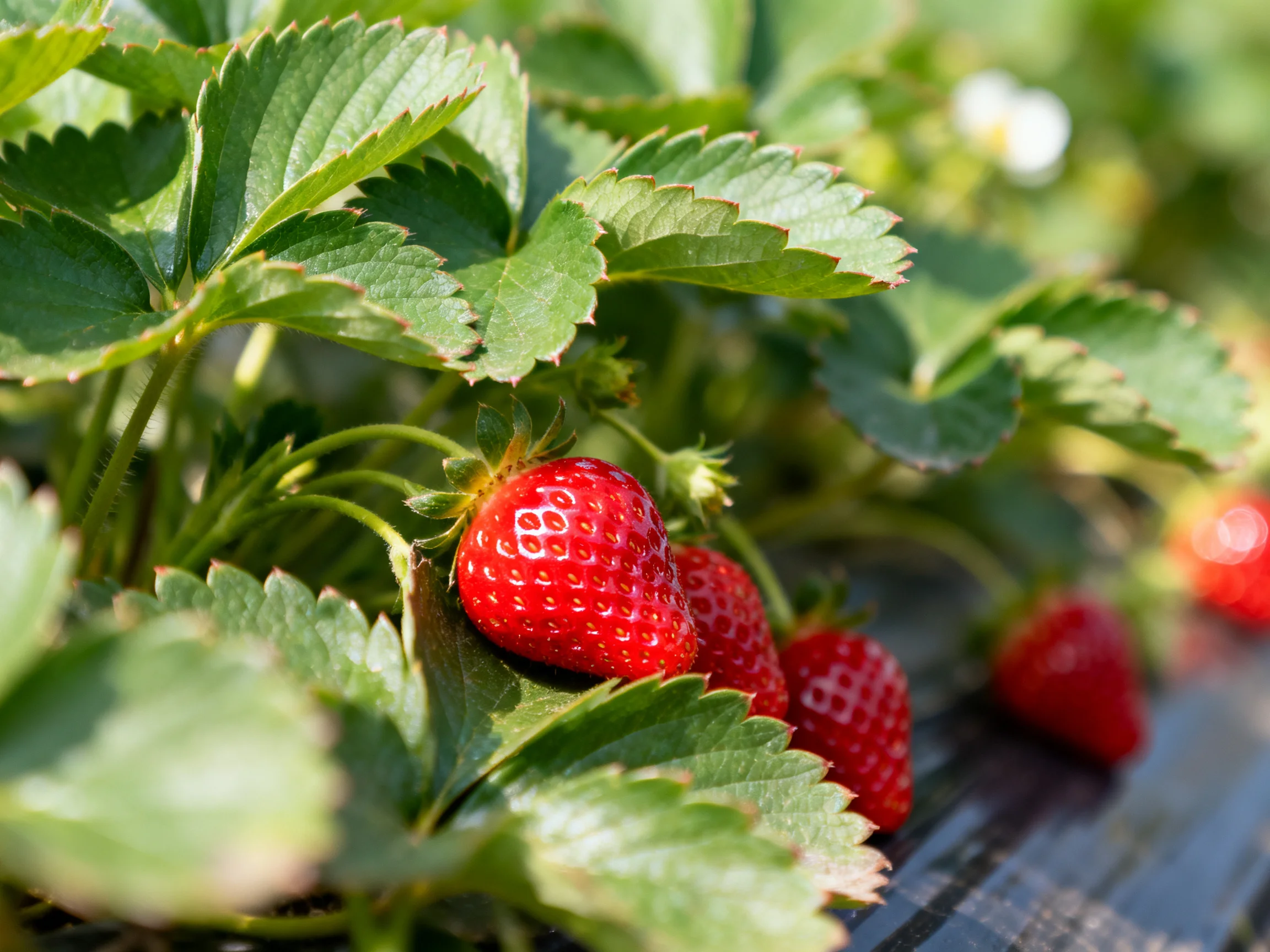 Vibrant red strawberries among lush green leaves in a sunlit strawberry patch