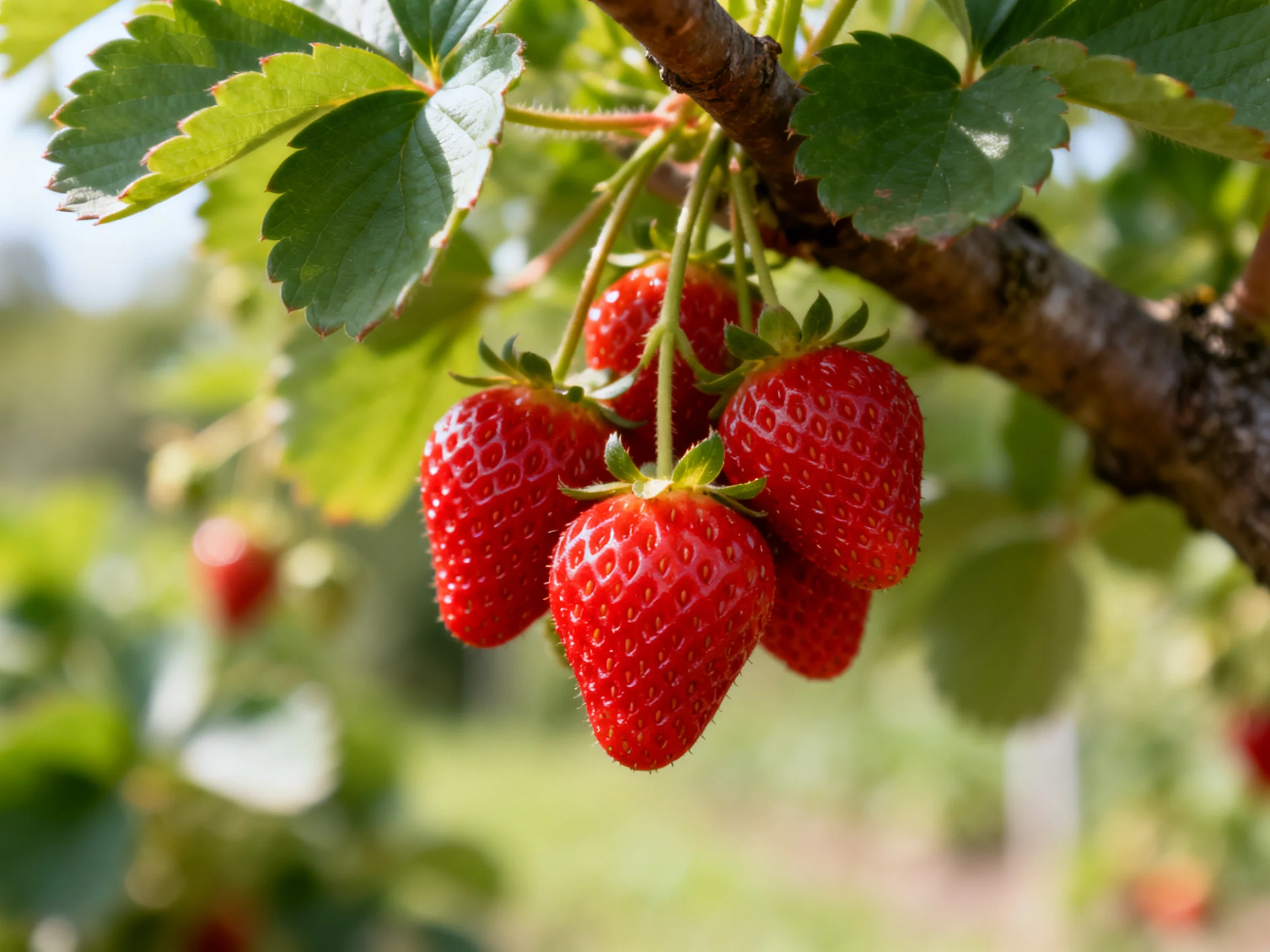 Vibrant red strawberries cluster on a brown tree branch