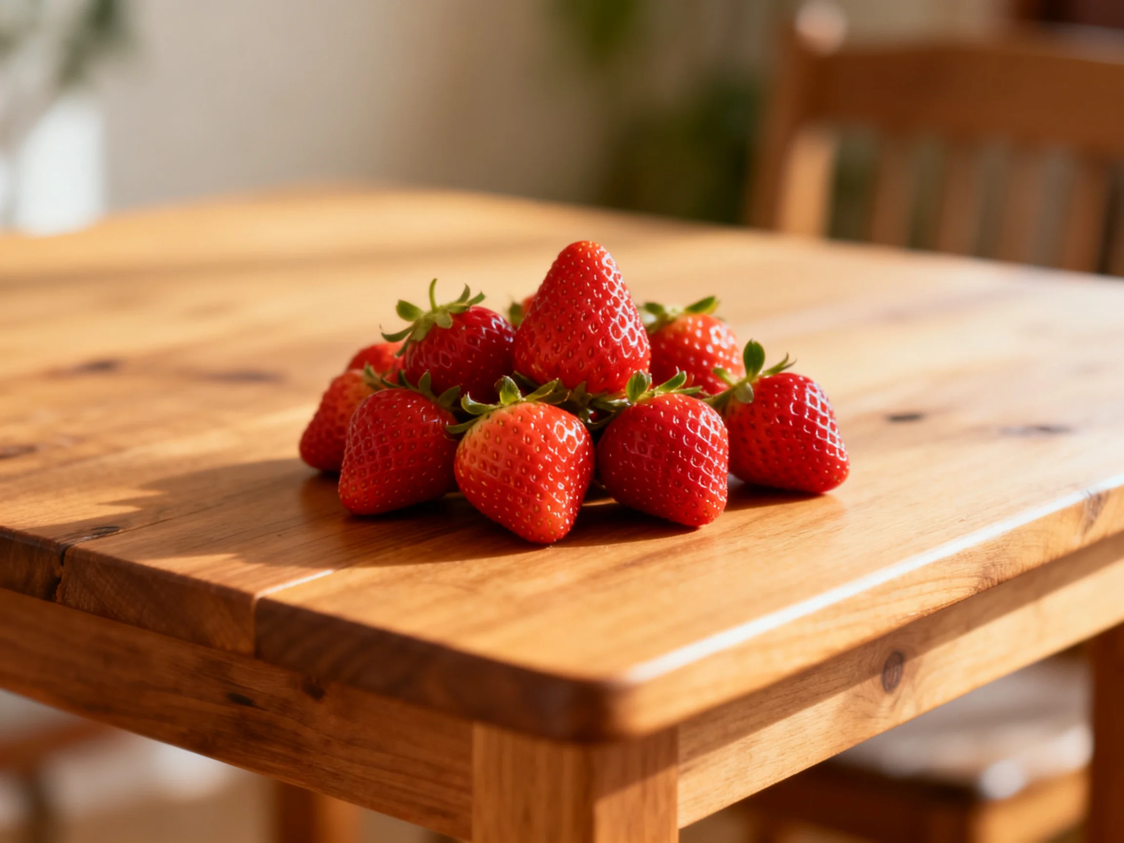 Vibrant red strawberries clustered atop a polished wooden table