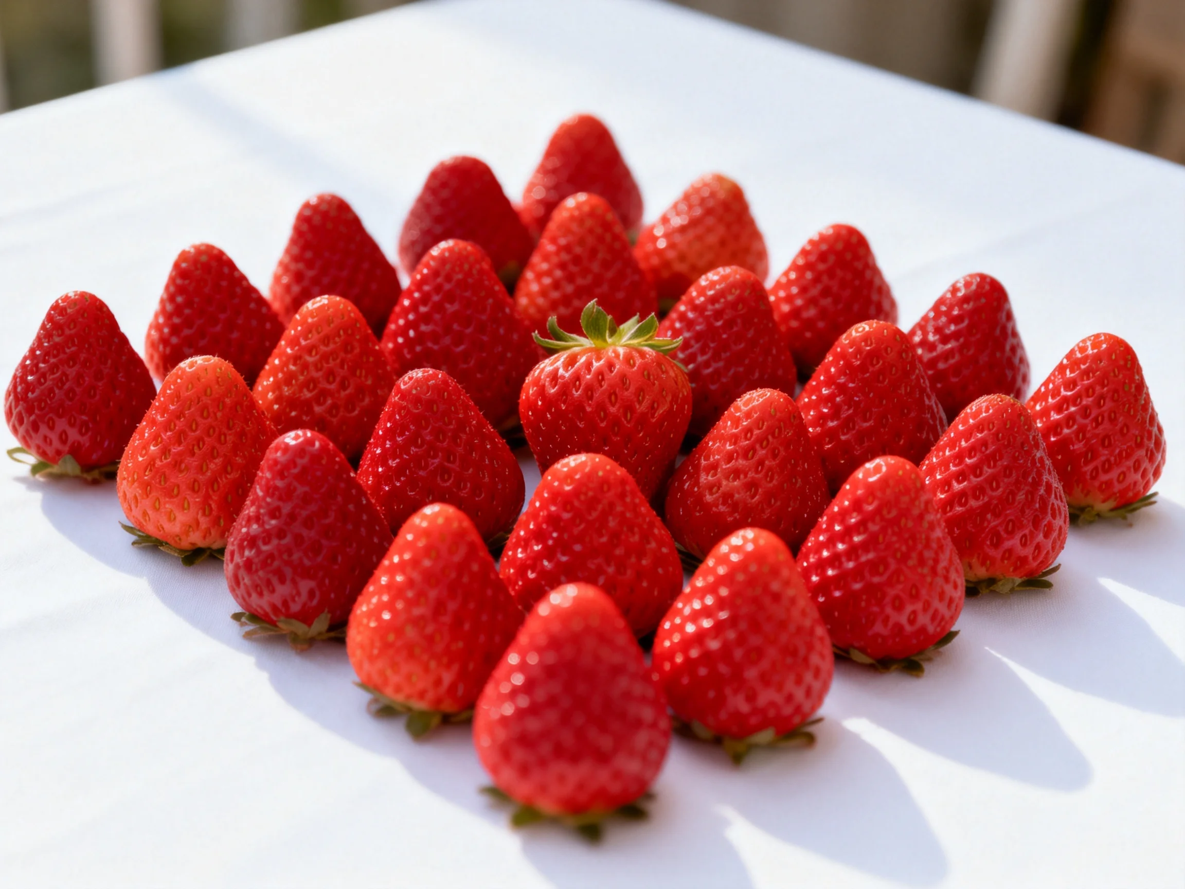 Vibrant red strawberries densely grouped on a pristine white surface