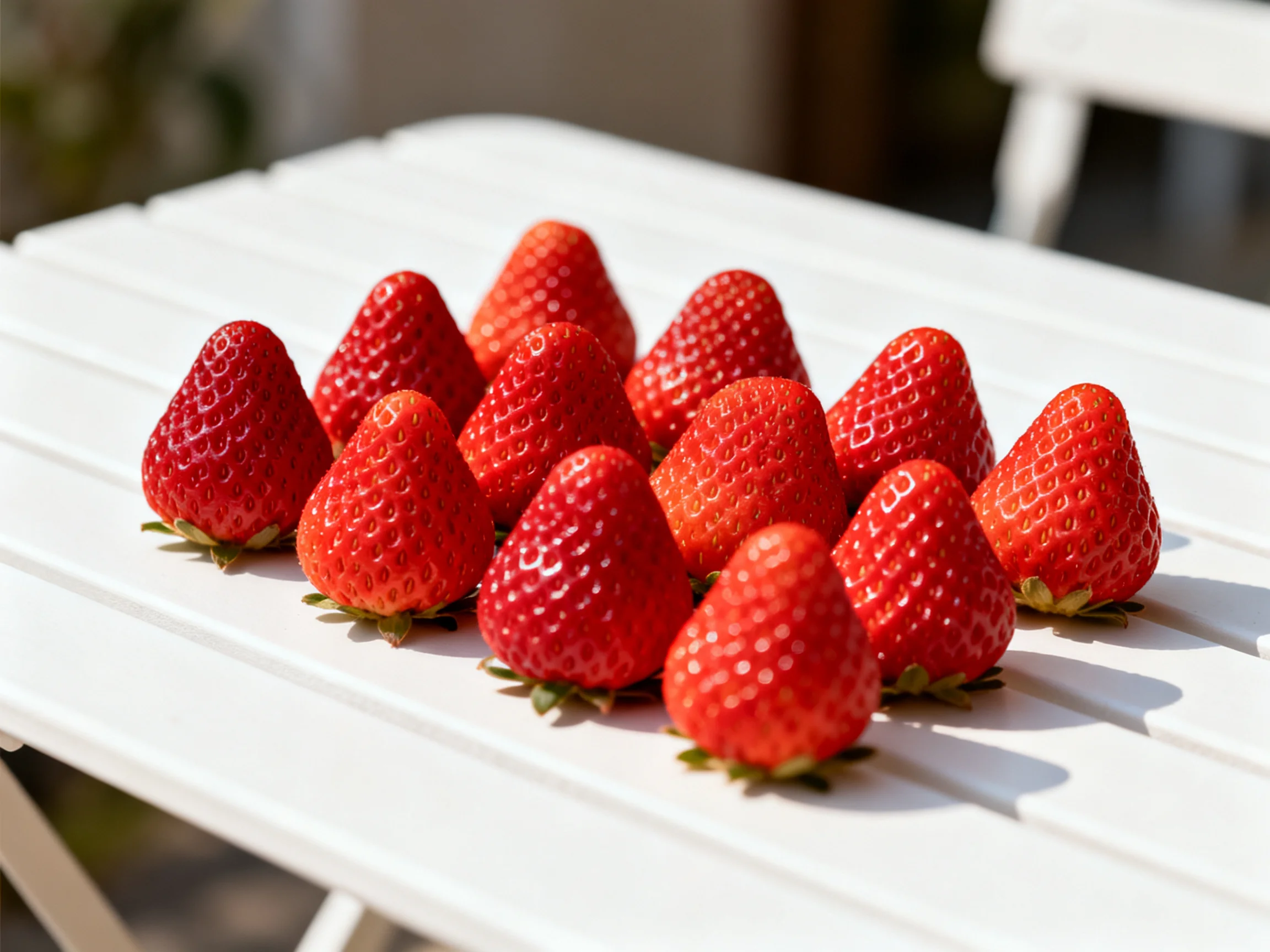 Vibrant red strawberries grouped on a white slatted outdoor table