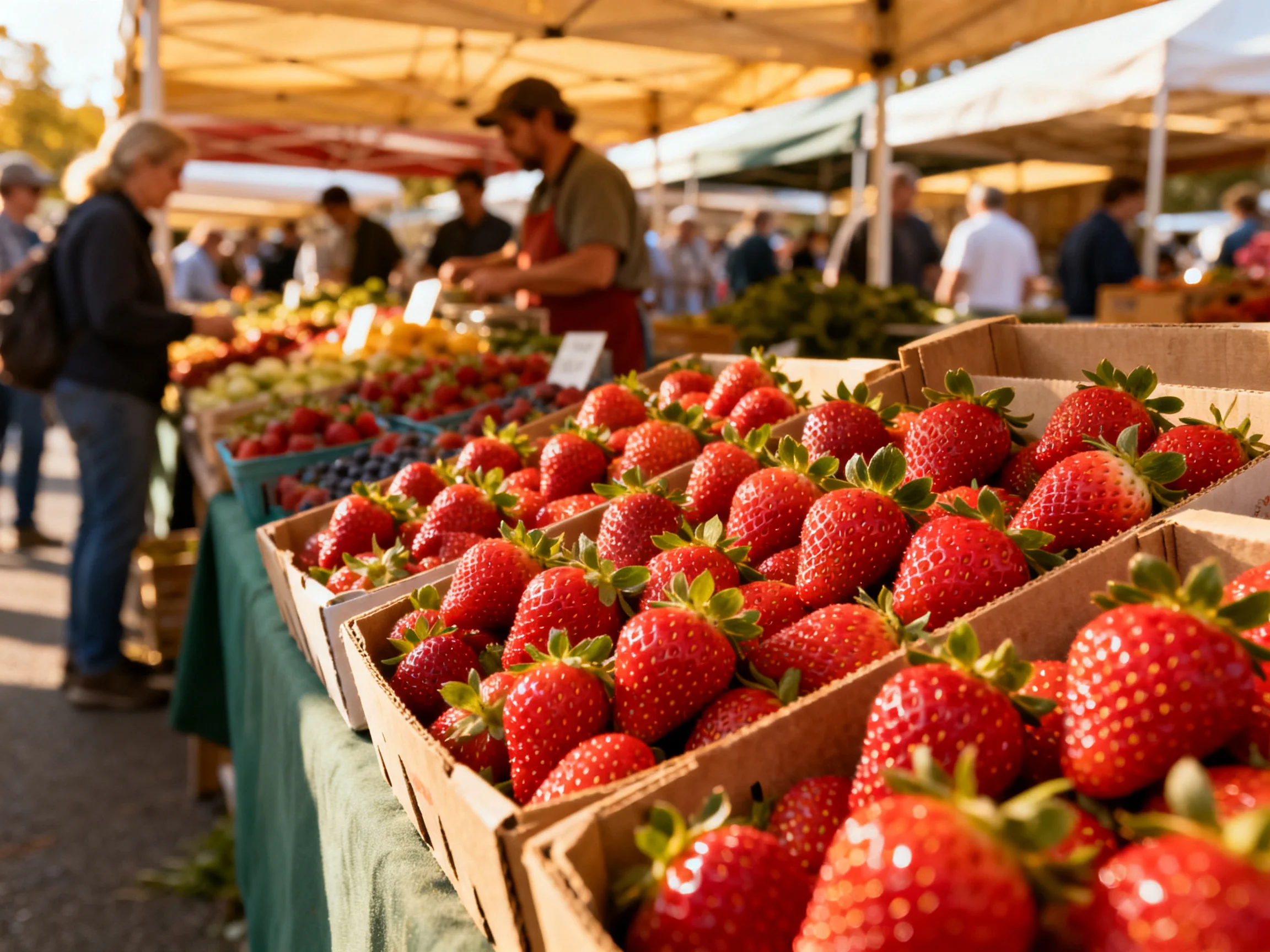Vibrant red strawberries in cardboard boxes at a sunny farmers market