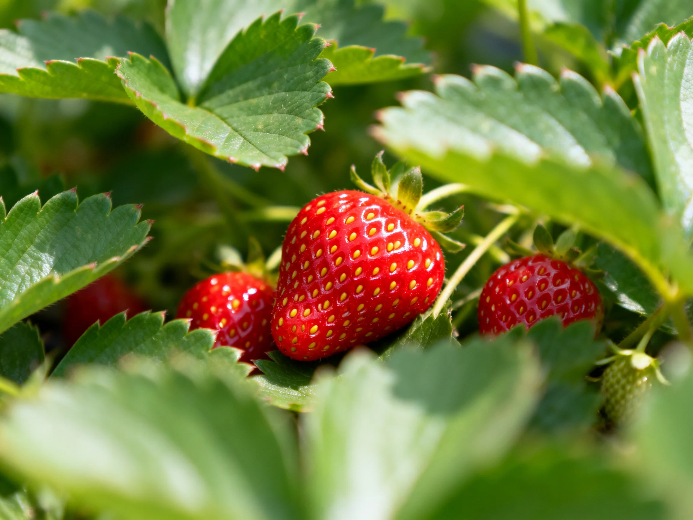 Vibrant red strawberries nestled among lush green foliage